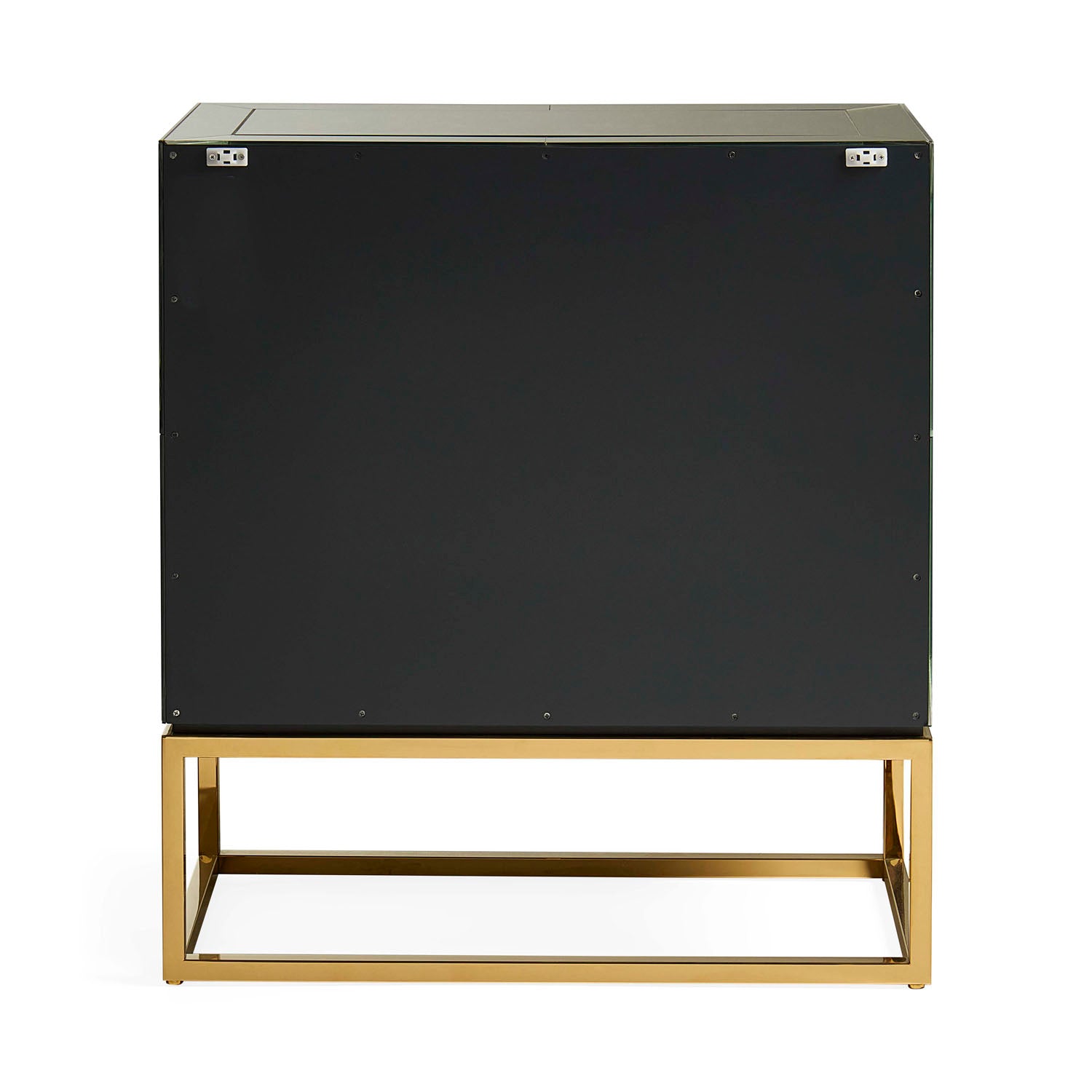 Side profile of Jonathan Adler Delphine Cabinet in antiqued mirror on polished brass