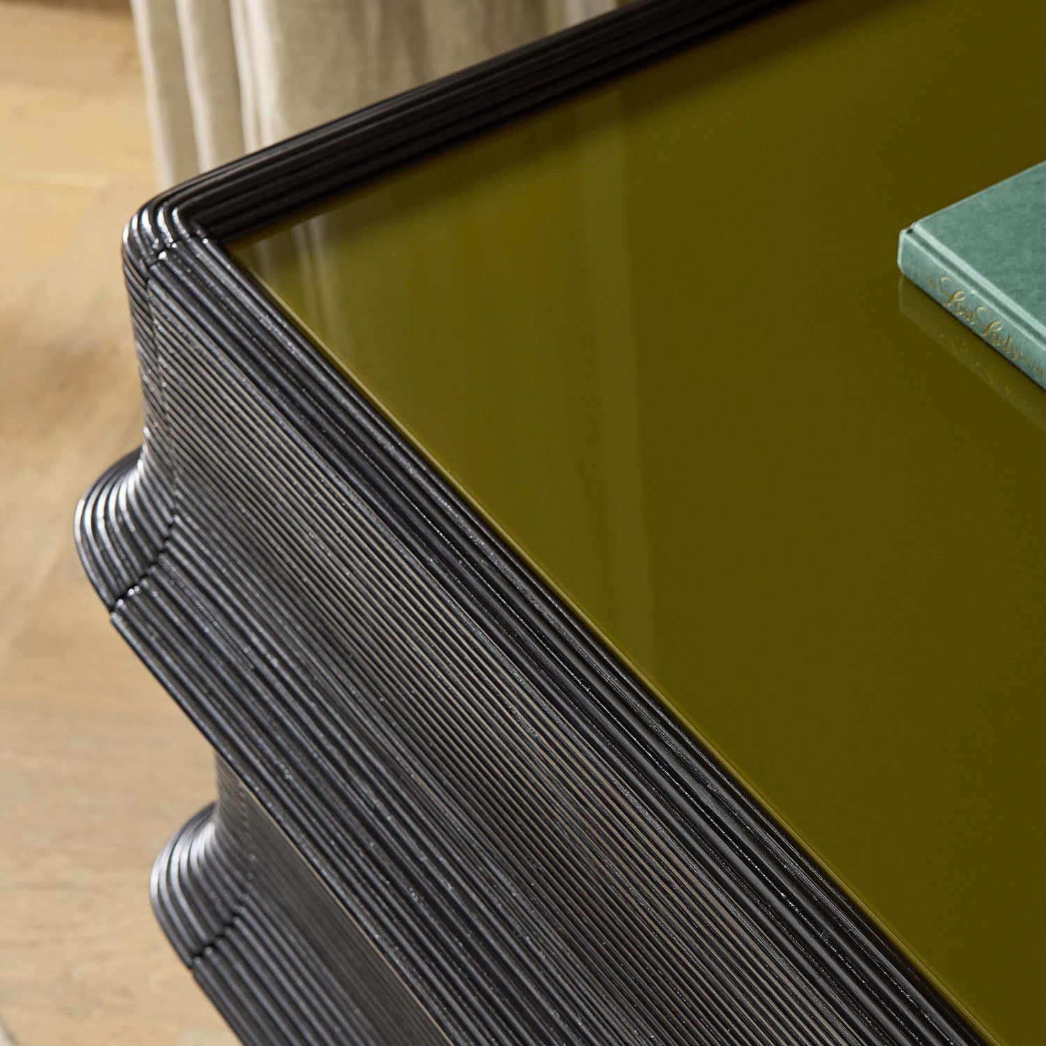 Jonathan Adler Pagoda Chest, detail of black-stained rattan reeds