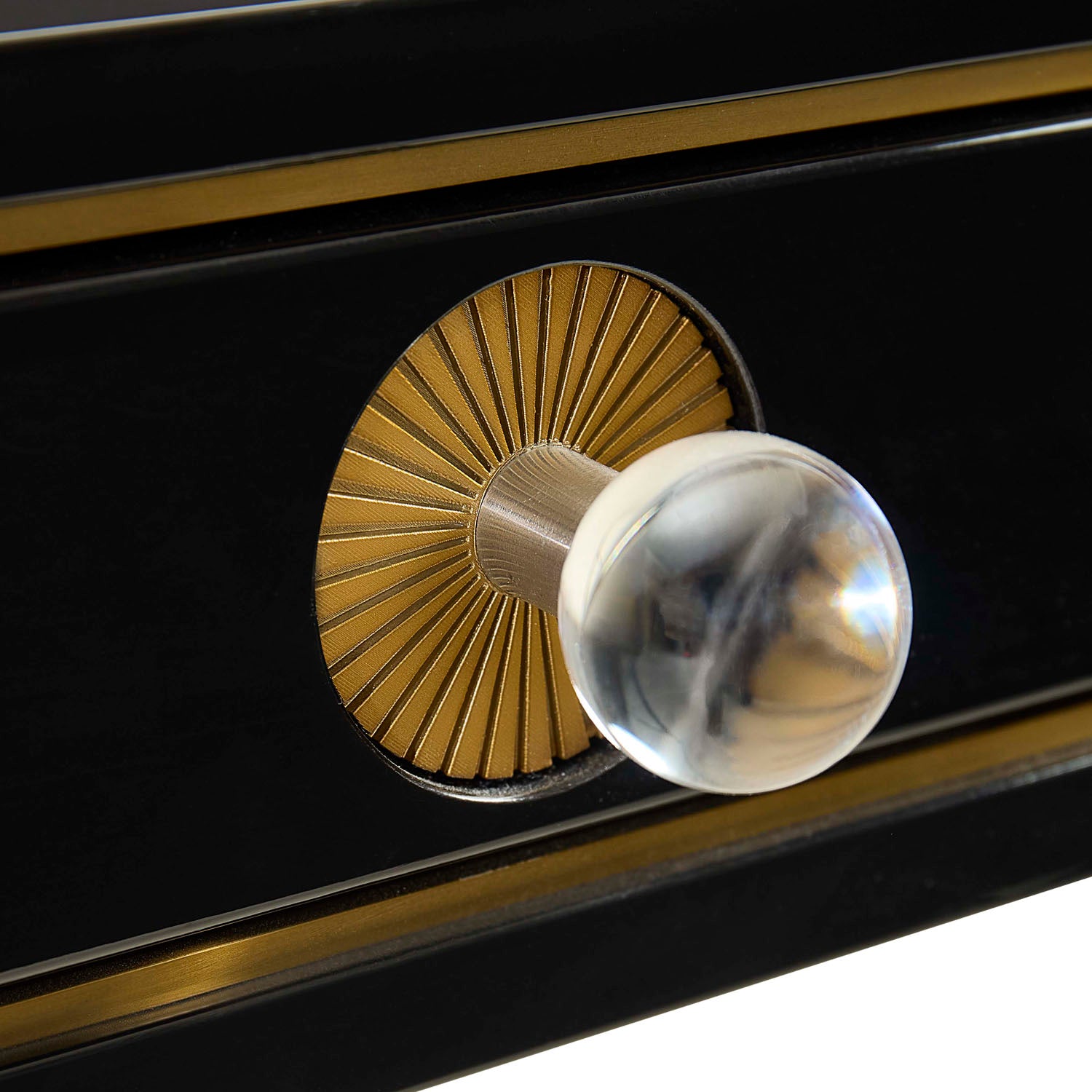 Jonathan Adler The Rider large desk with black lacquer top and brass accents shown to scale