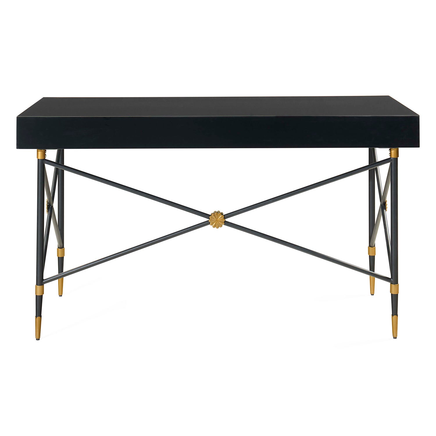 Jonathan Adler Side view of the Rider large desk with black lacquer top and brass accents
