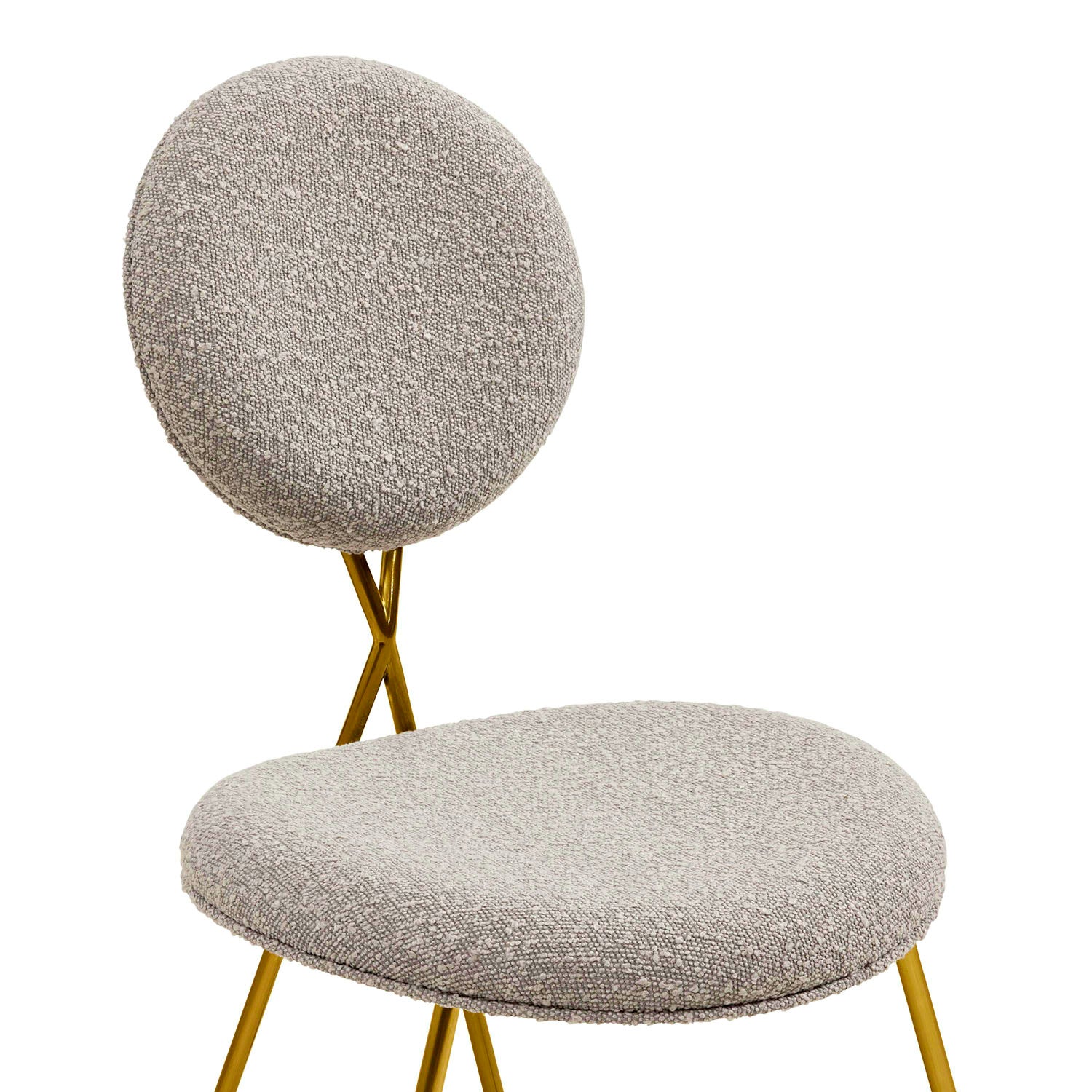Overhead view of Jonathan Adler Caprice Dining Chair in Olympus Grey bouclé with brass frame