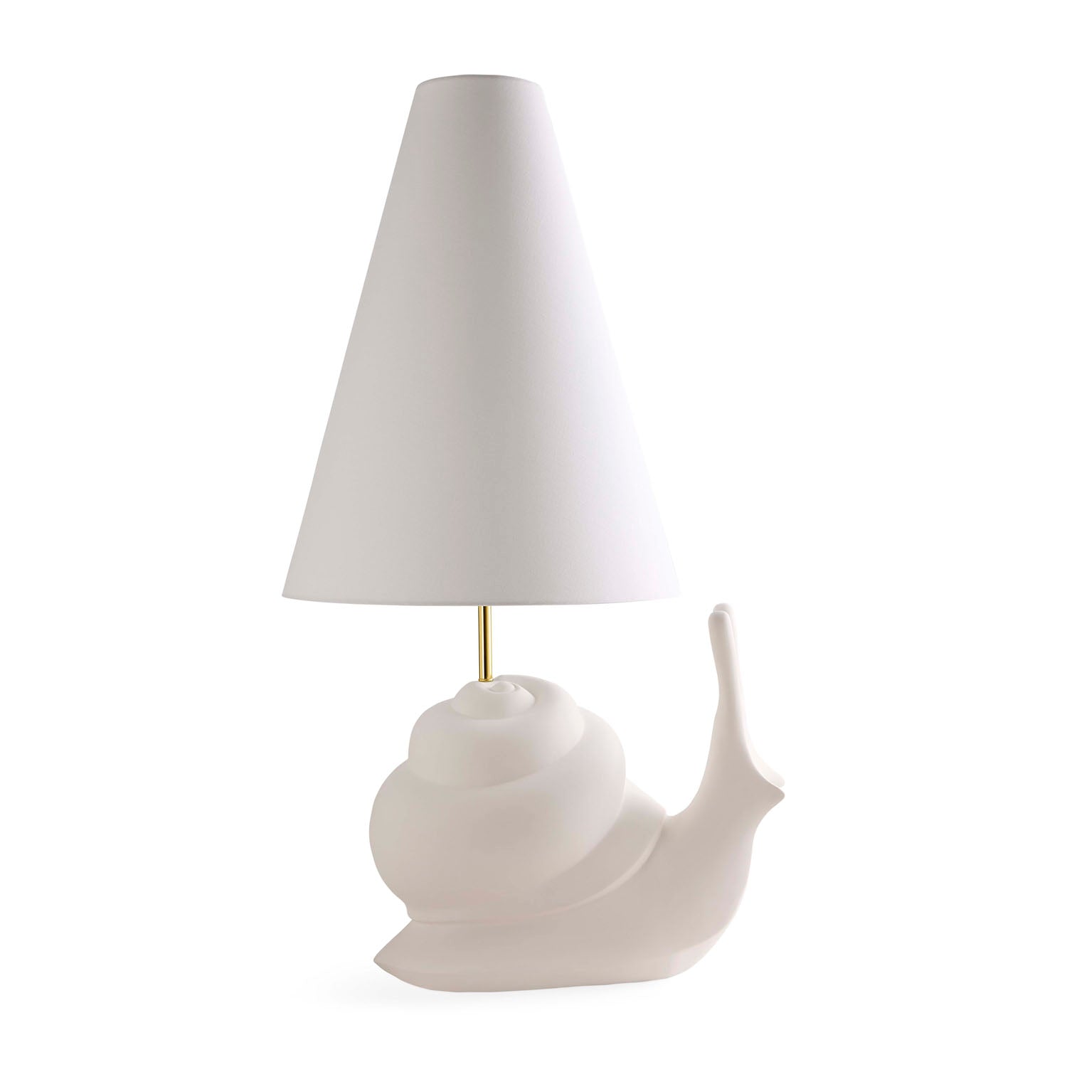 Jonathan Adler Giant Snail lamp shown to scale beside a sofa