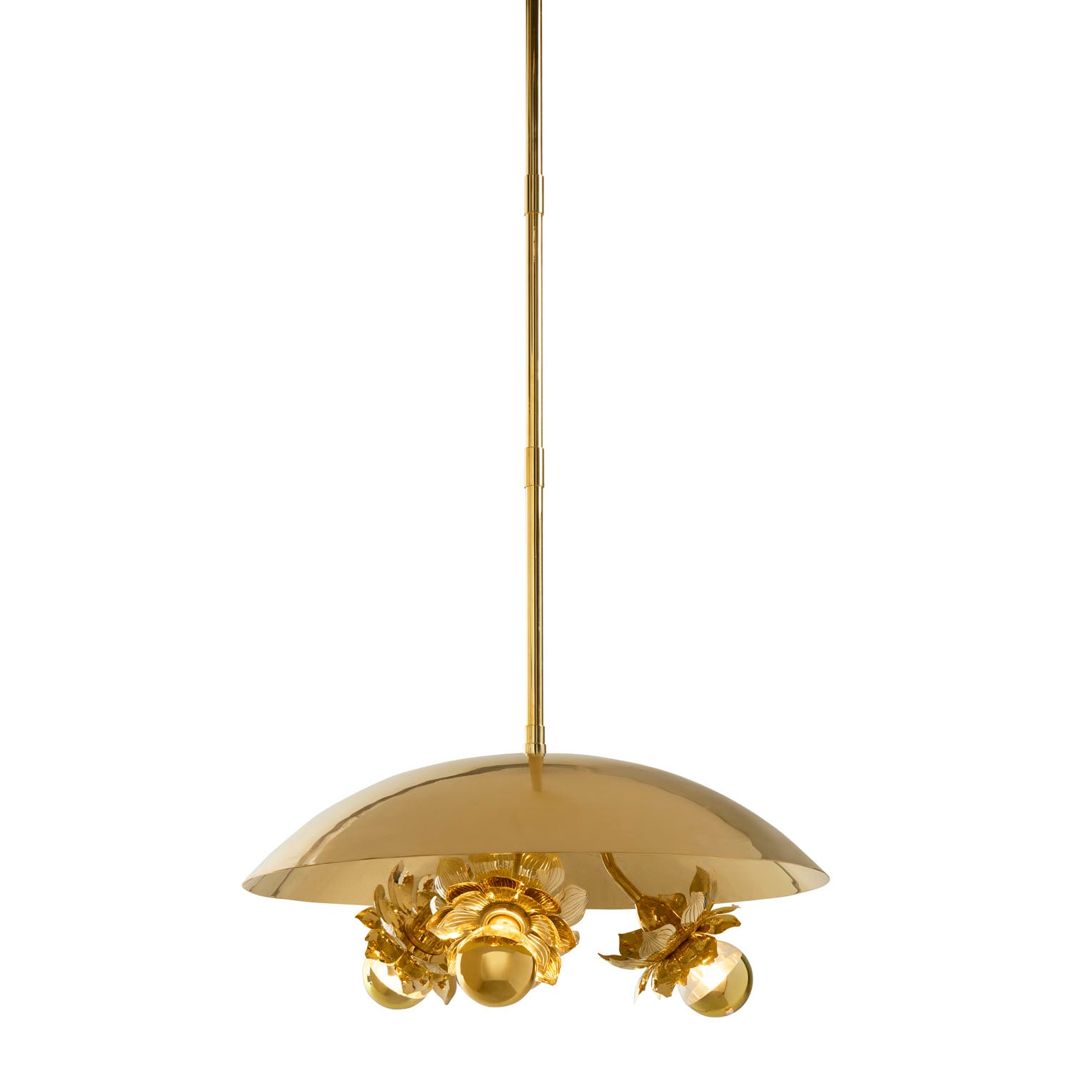 Jonathan Adler Brass Flower Pendant in solid polished brass styled in a room