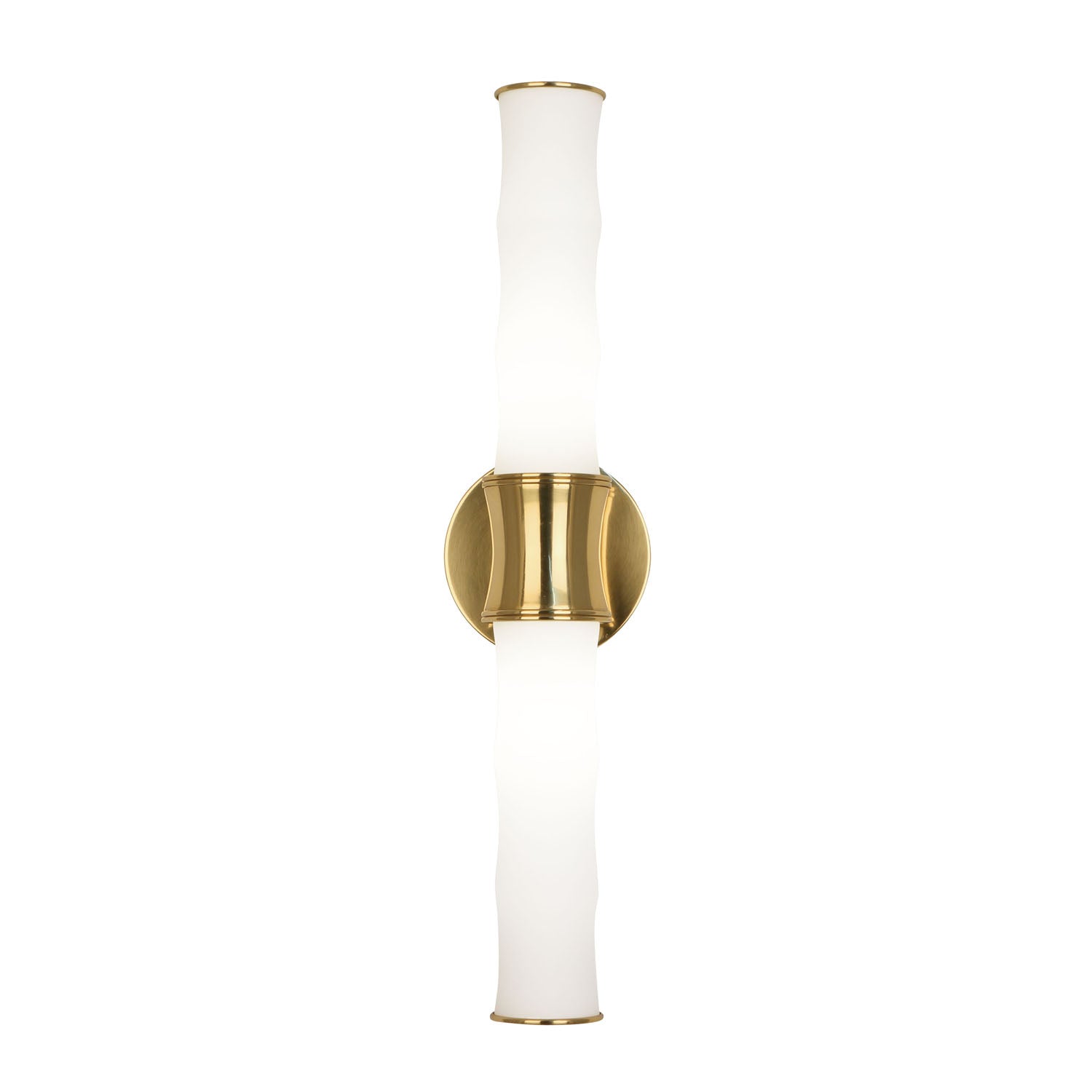 Jonathan Adler Meurice brass sconce mounted vertically on a wall
