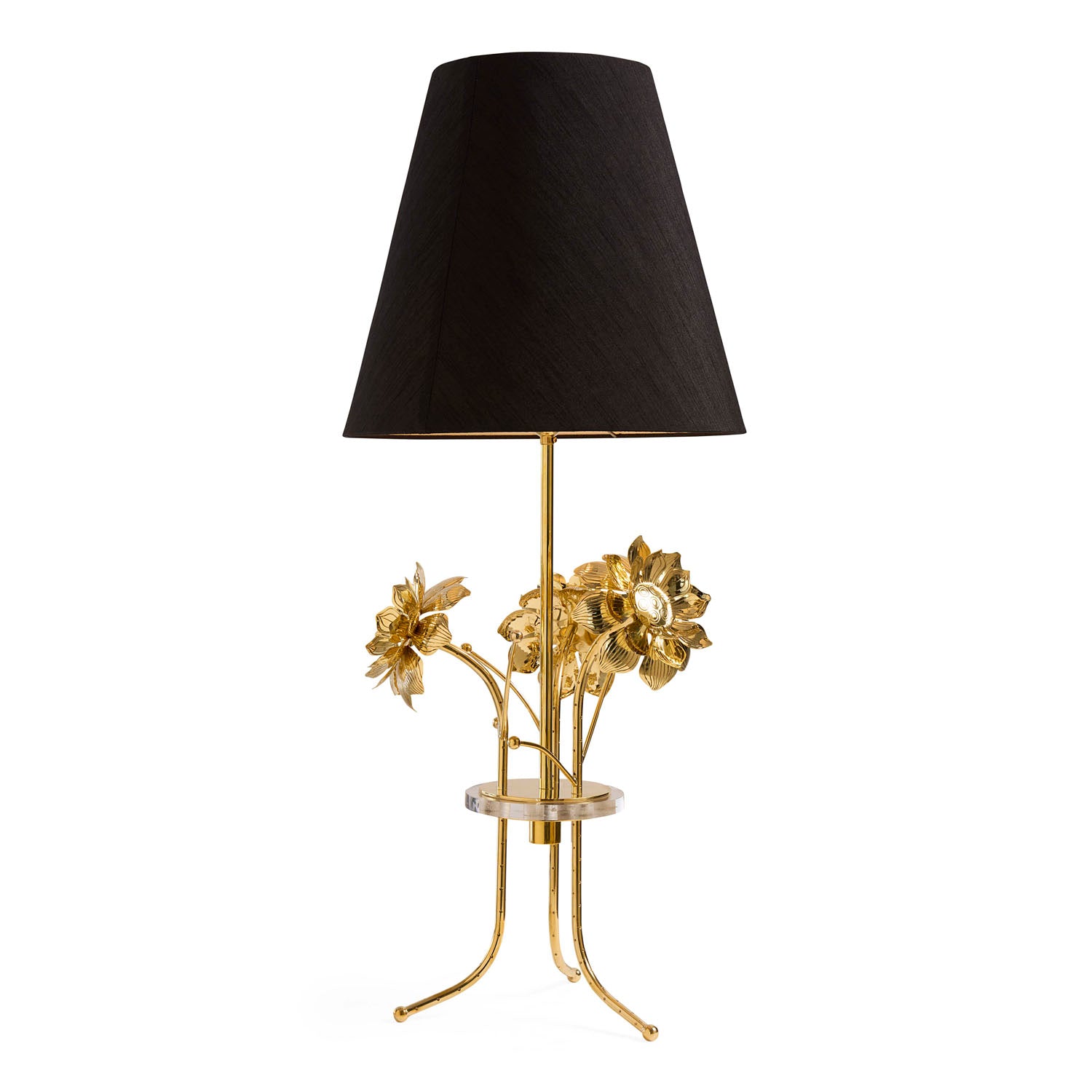 Side profile of Jonathan Adler Brass Flower Table Lamp in solid polished brass