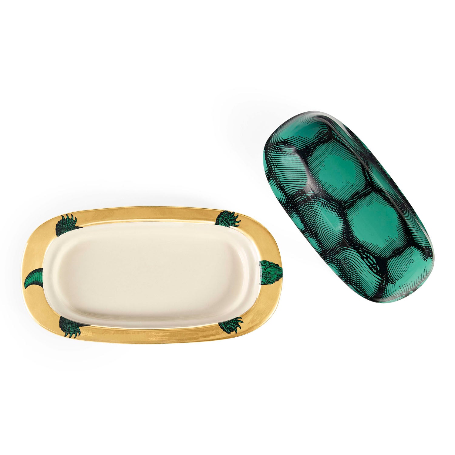 Jonathan Adler The Sirena butter dish in white stoneware with gold and color accents shown to scale