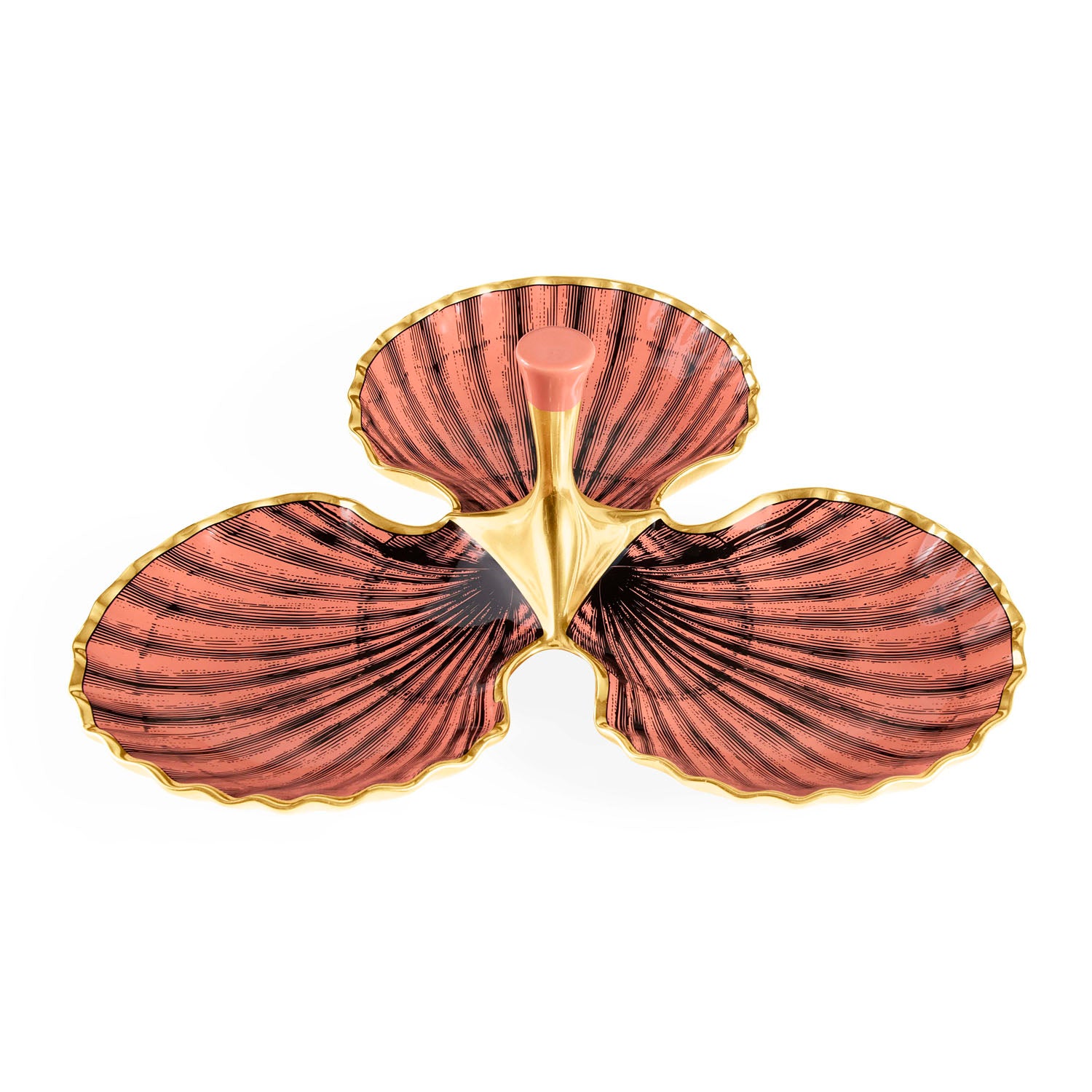 Jonathan Adler The Sirena trefoil serving dish in white stoneware with gold accents styled in a room