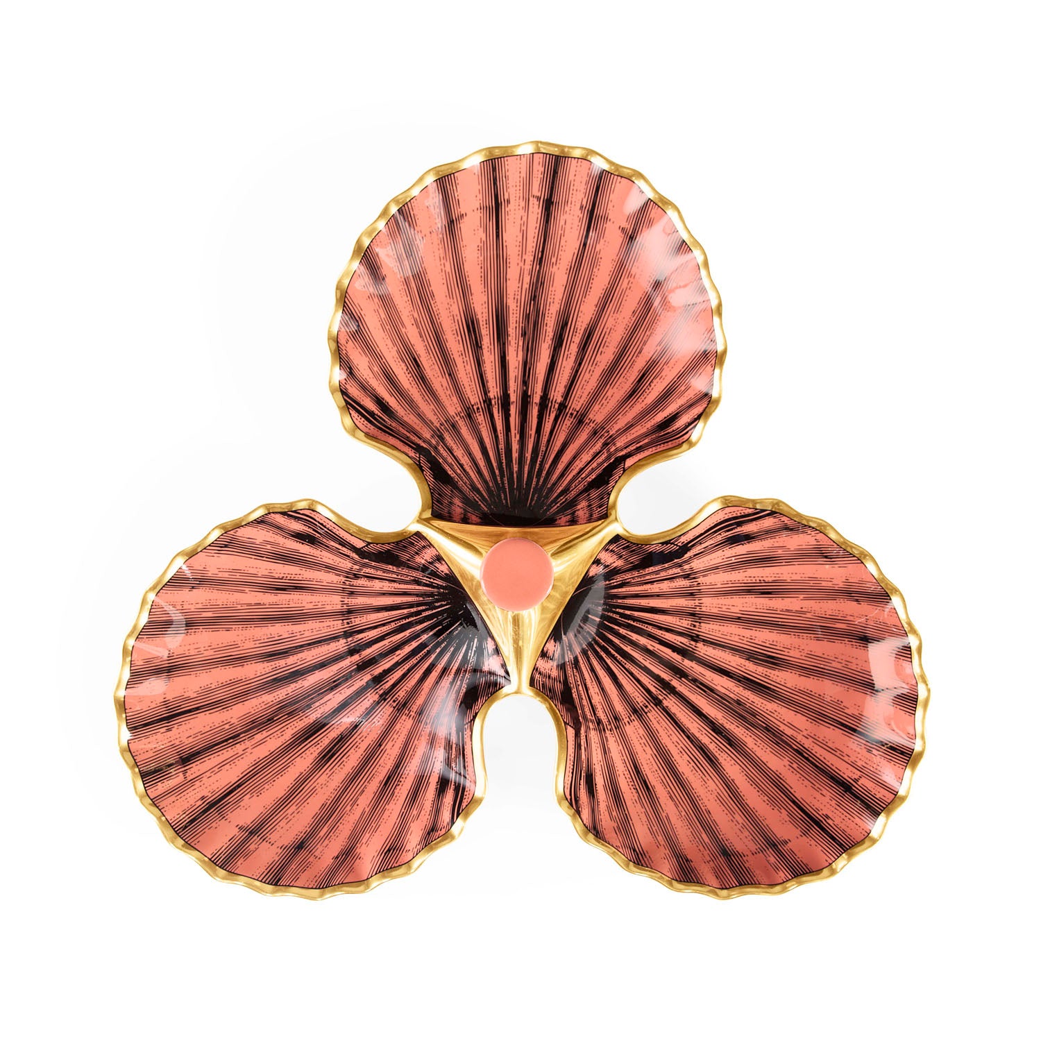 Jonathan Adler Side view of the Sirena trefoil serving dish in white stoneware with gold accents