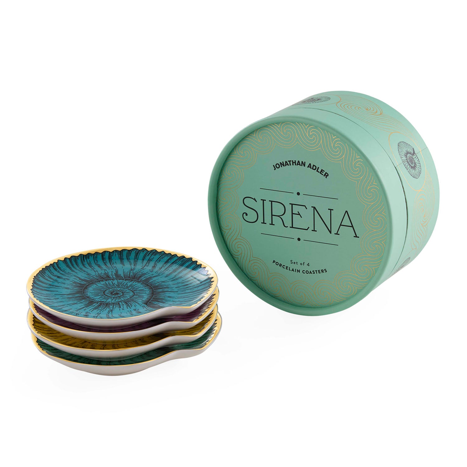 Jonathan Adler The Sirena coaster set in gold-accented porcelain styled in a room