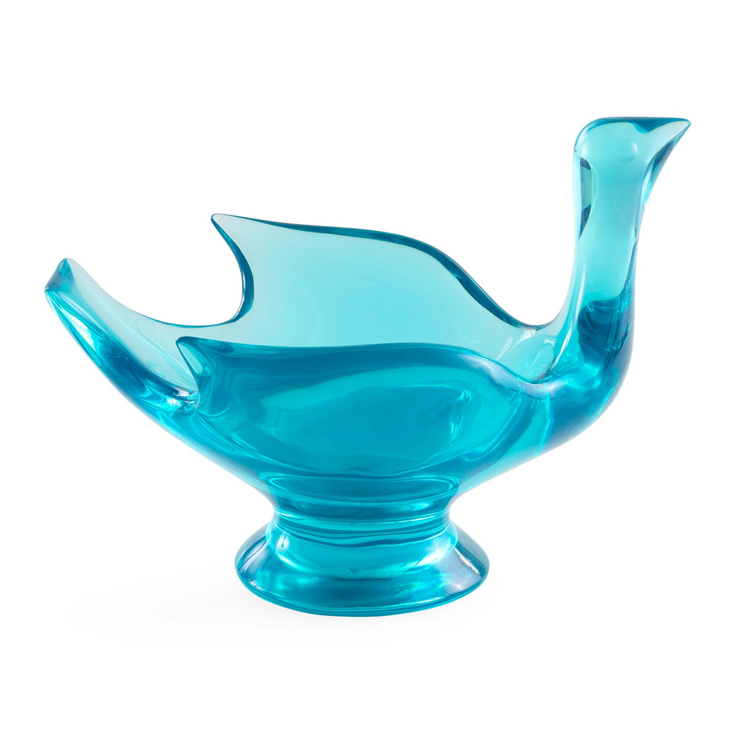 Jonathan Adler Acrylic Bird Pedestal Bowl in solid turquoise acrylic styled in a room