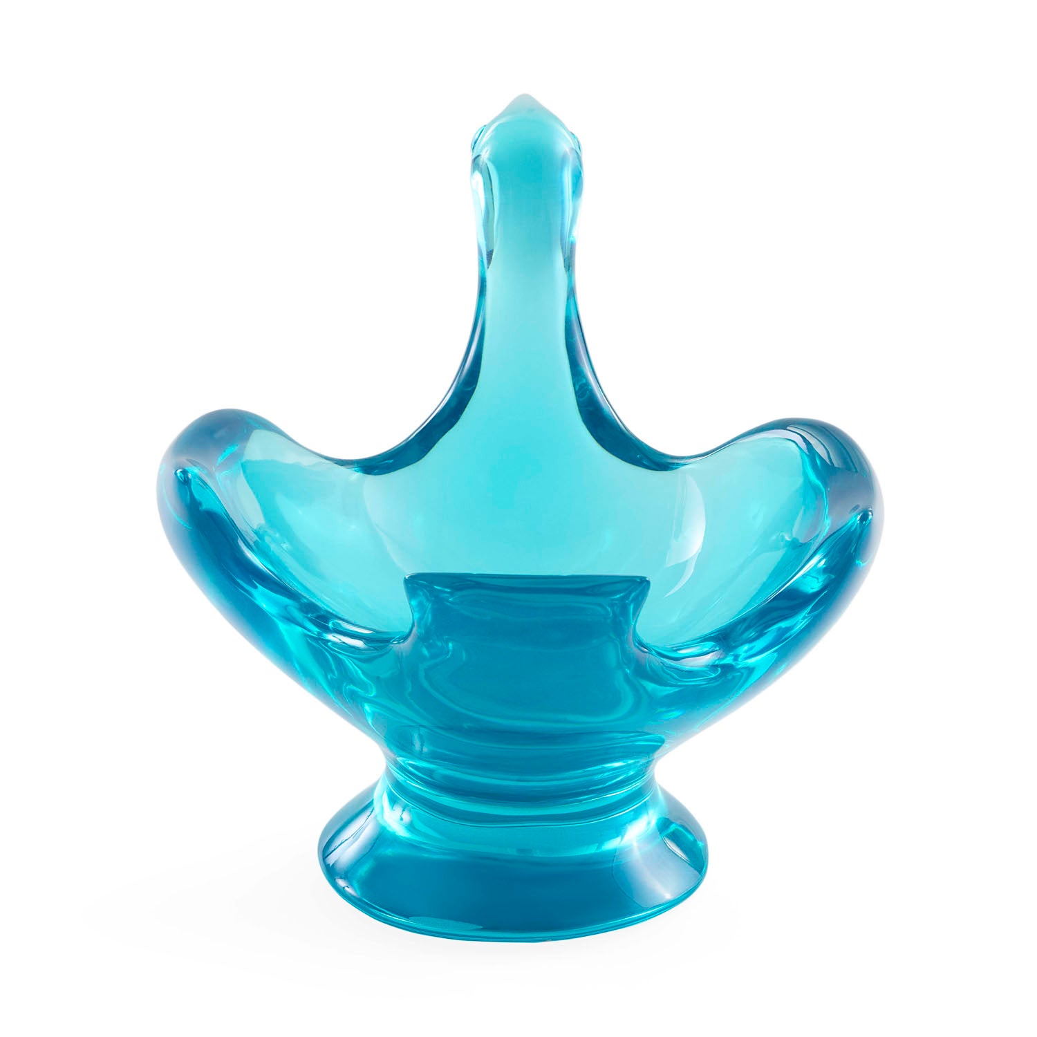 Side profile of Jonathan Adler Acrylic Bird Pedestal Bowl in solid turquoise acrylic
