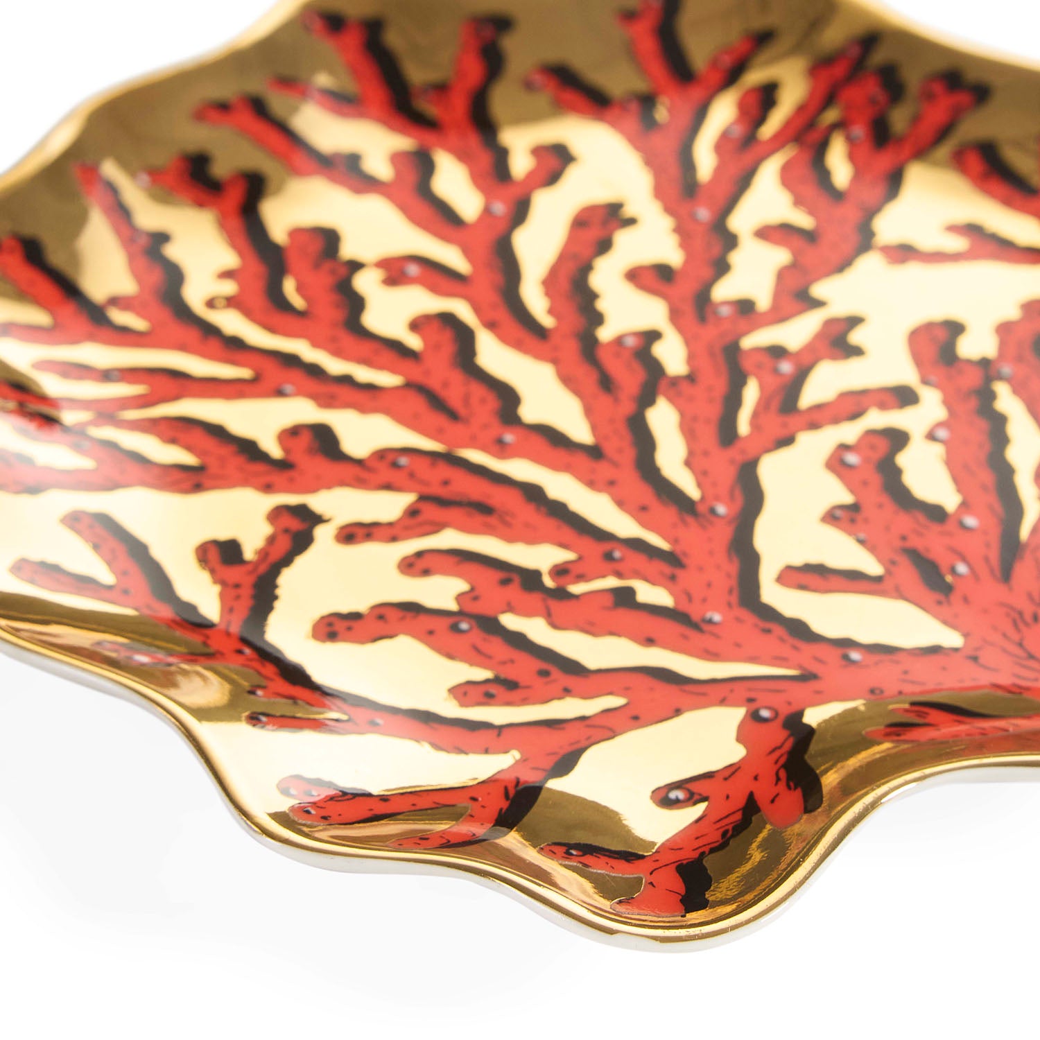 Jonathan Adler Side view of the Sirena Coral trinket tray in gold-accented porcelain