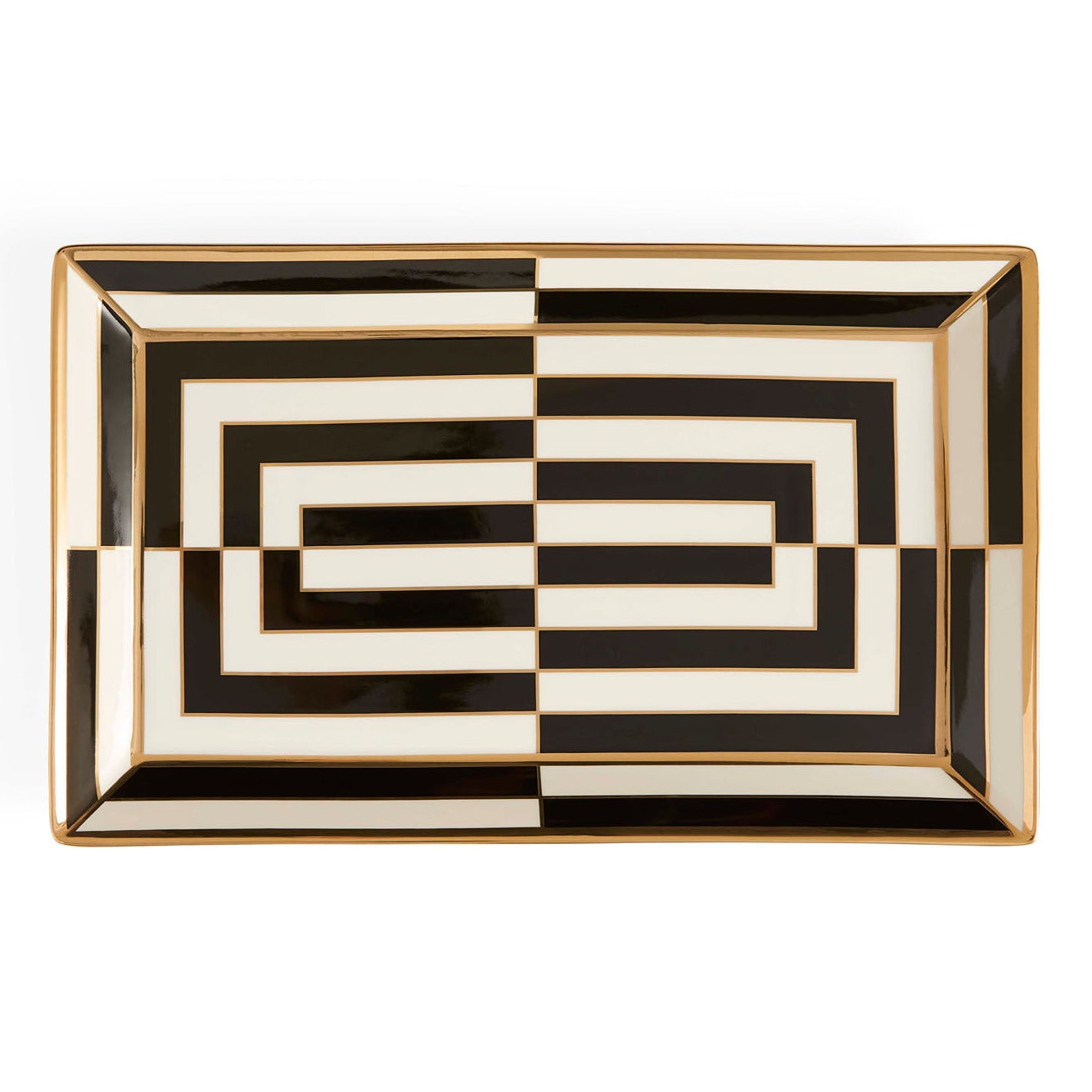 Jonathan Adler Op Art gold rectangle serving tray styled on a table