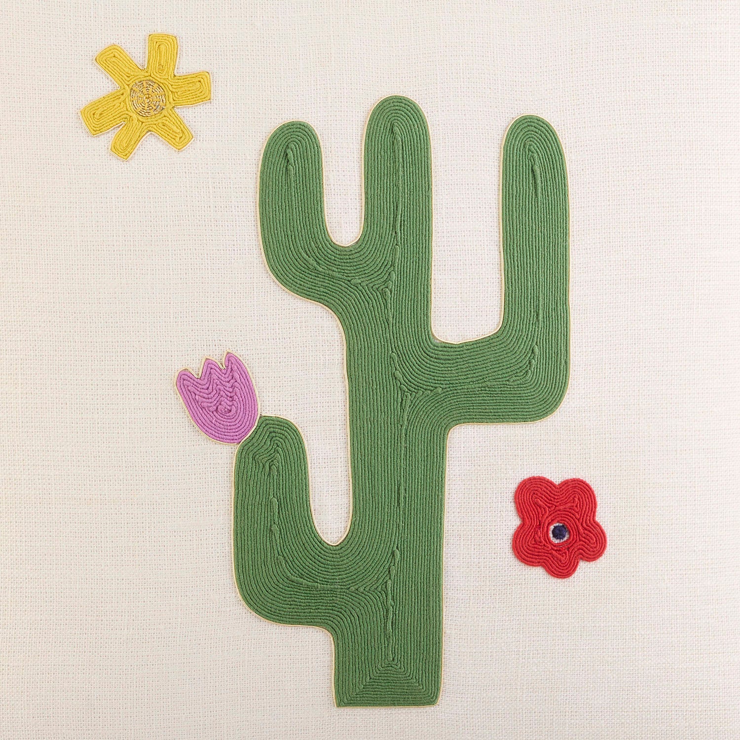 Jonathan Adler The Playa Cactus throw pillow in gold-embroidered dyed linen shown to scale