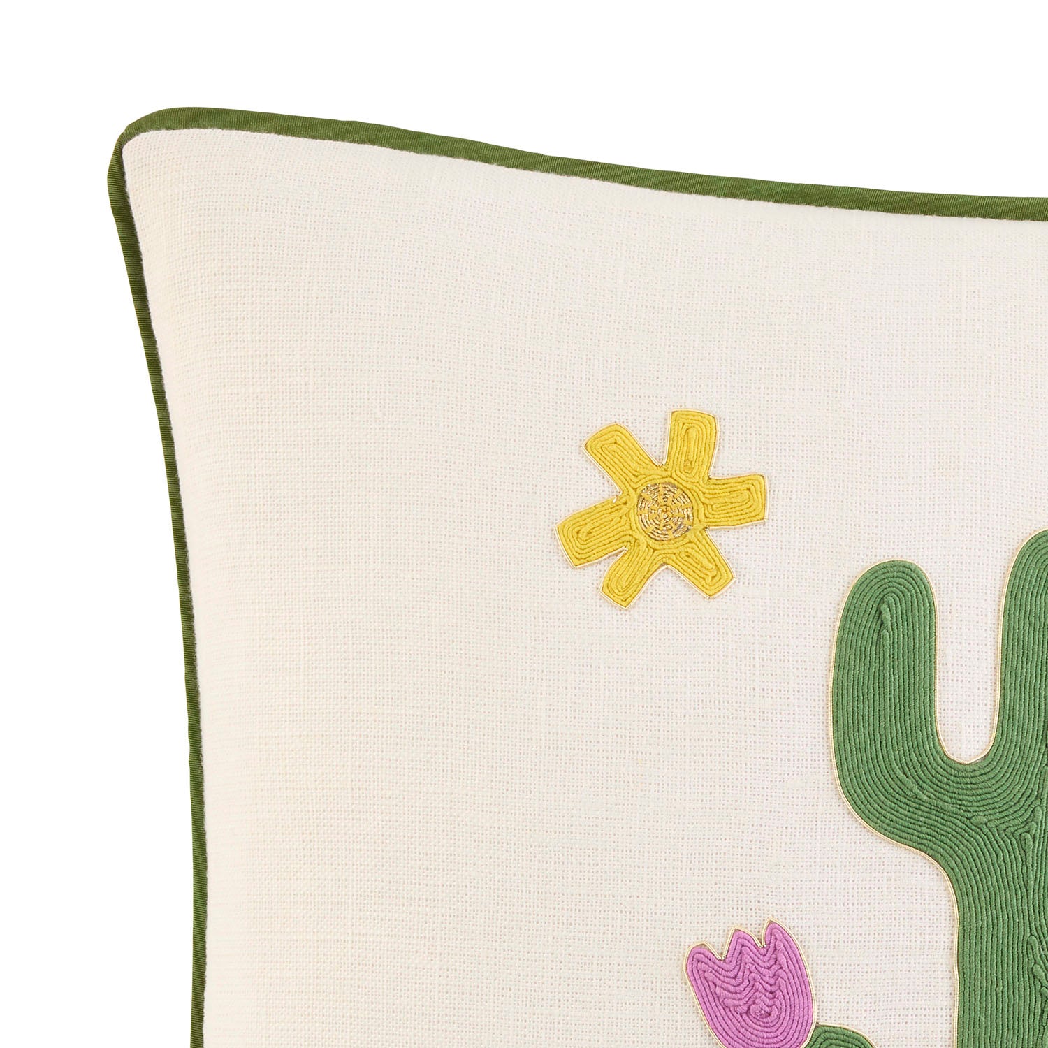 Jonathan Adler Side view of the Playa Cactus throw pillow in gold-embroidered dyed linen