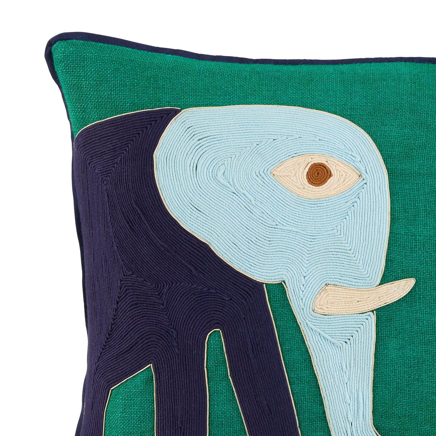 Jonathan Adler Side view of the Playa Elephant throw pillow in gold-embroidered dyed linen
