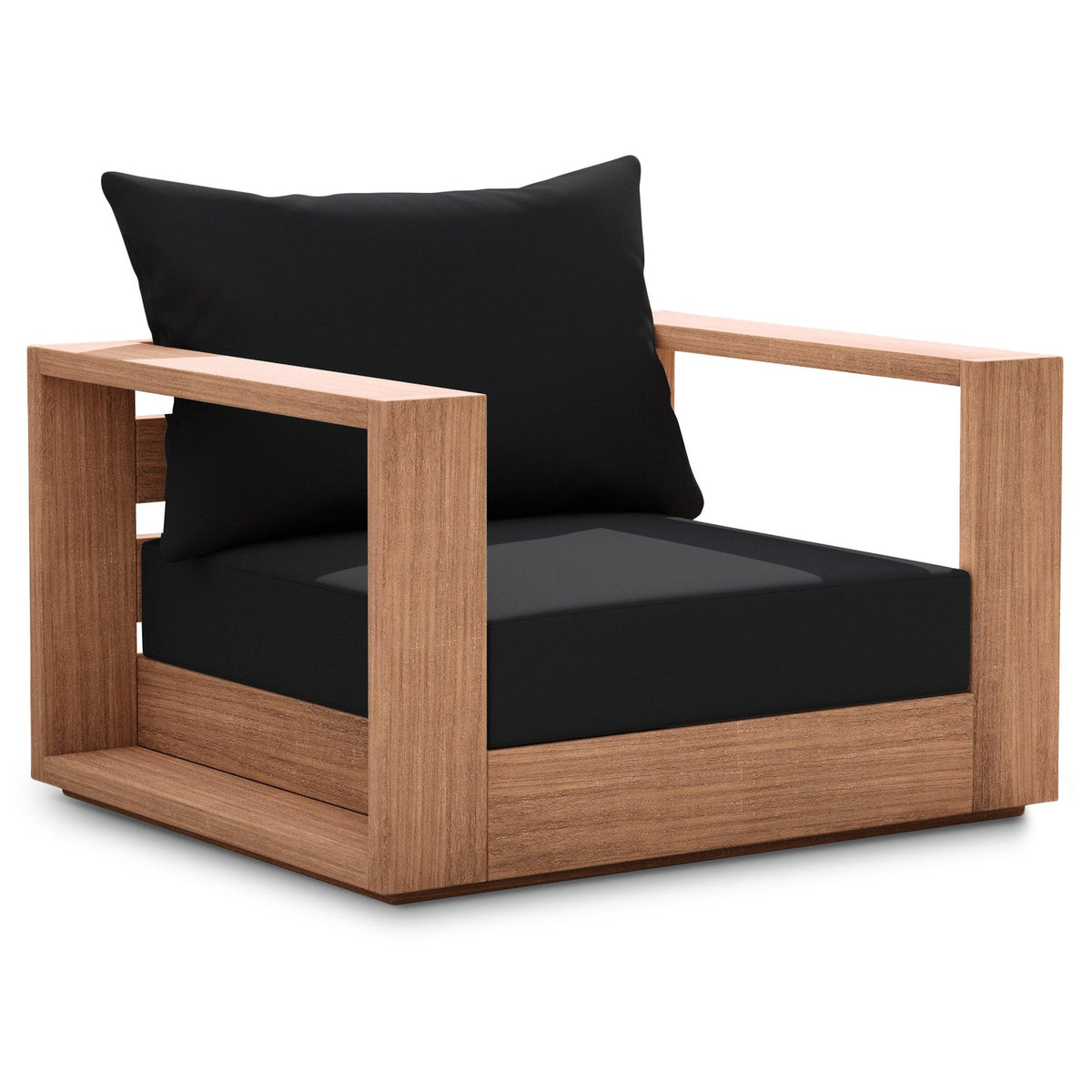 Tulum Black Water Resistant Fabric Upholstered Outdoor Patio Accent Chair in black fabric on teak, primary product view
