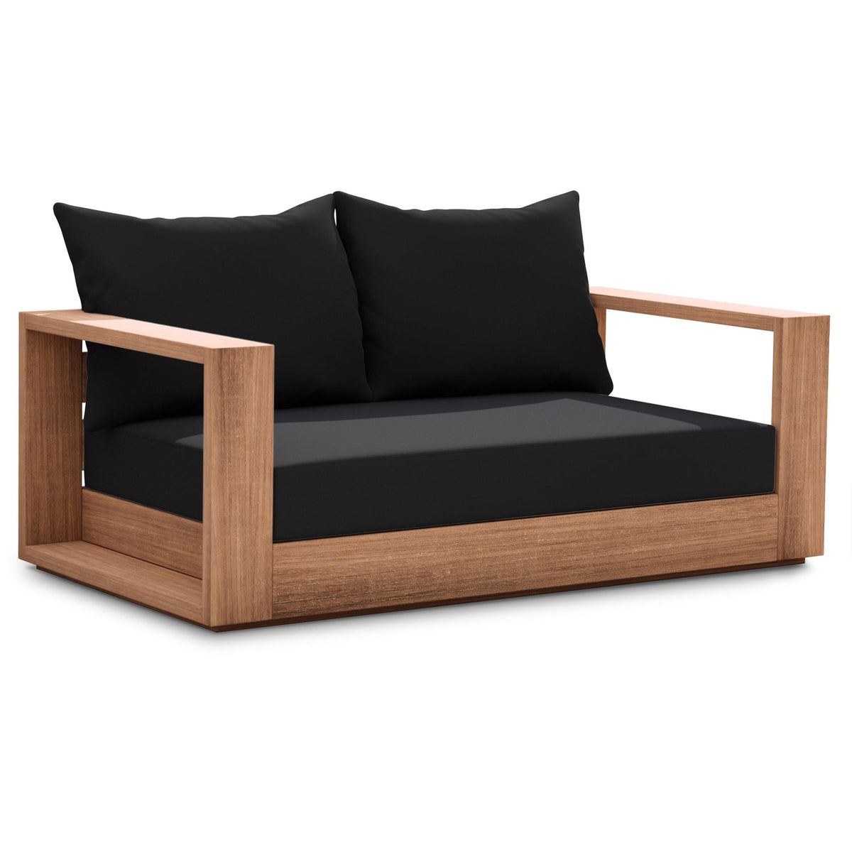 Tulum 63" Black Water Resistant Fabric Upholstered Patio Loveseat in black fabric on teak, primary product view
