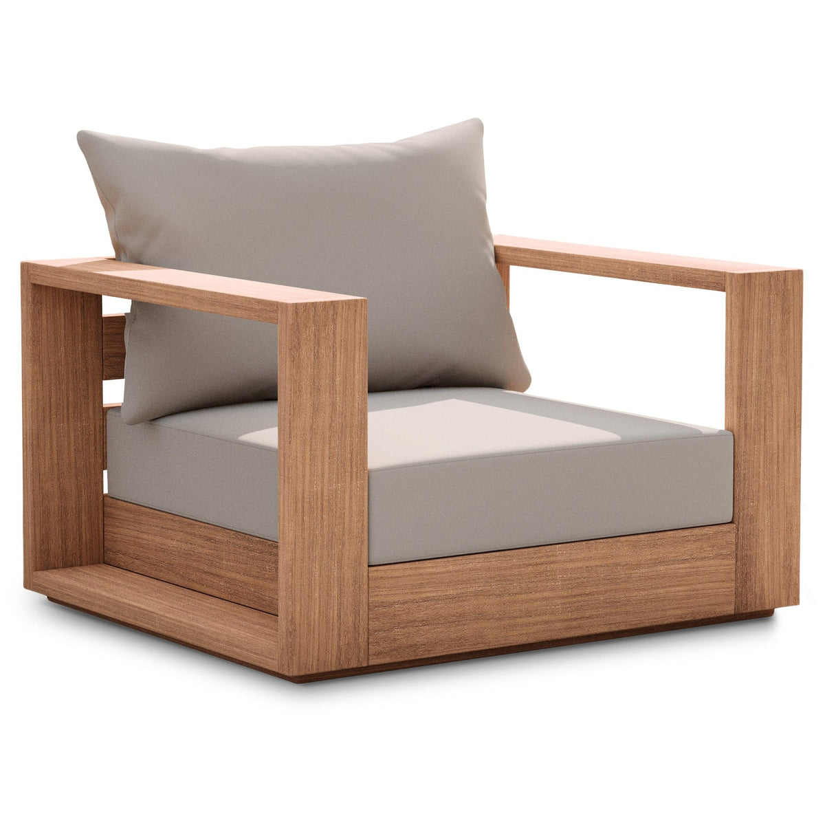 Tulum Grey Water Resistant Fabric Upholstered Outdoor Patio Accent Chair in grey fabric on teak, primary product view