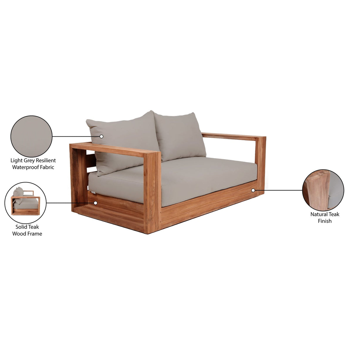 Tulum 63in Grey Water Resistant Fabric Upholstered Patio Loveseat