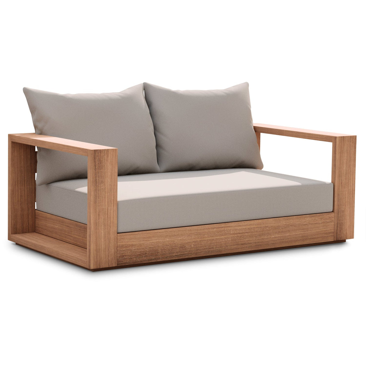 Tulum 63" Grey Water Resistant Fabric Upholstered Patio Loveseat in grey fabric on teak, primary product view