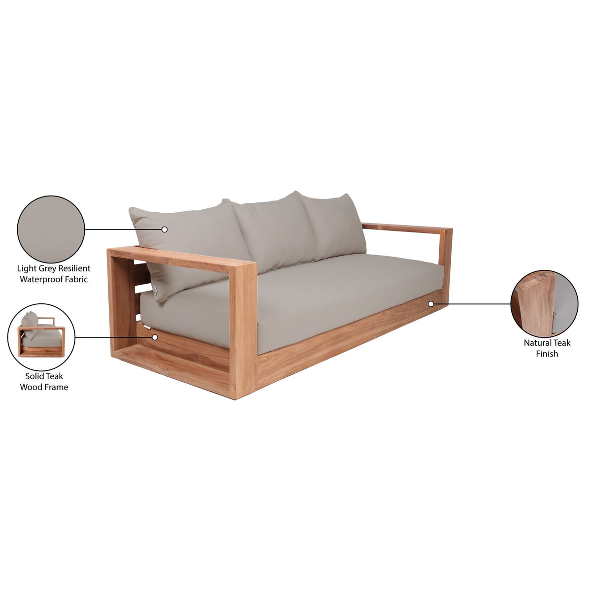 Tulum 87in Grey Water Resistant Fabric Upholstered Outdoor Patio Sofa