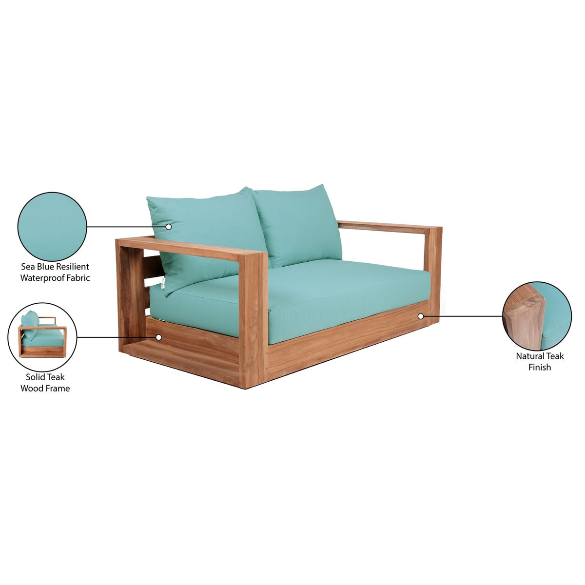Tulum 63in Blue Water Resistant Fabric Upholstered Patio Loveseat