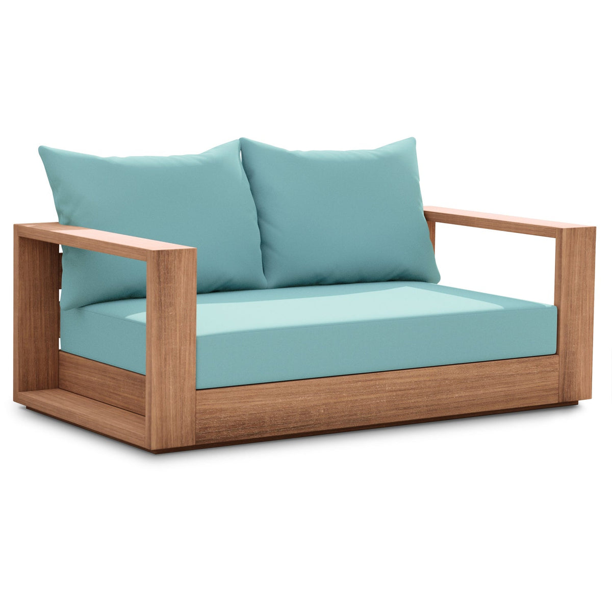 Tulum 63" Blue Water Resistant Fabric Upholstered Patio Loveseat in blue fabric on teak, primary product view
