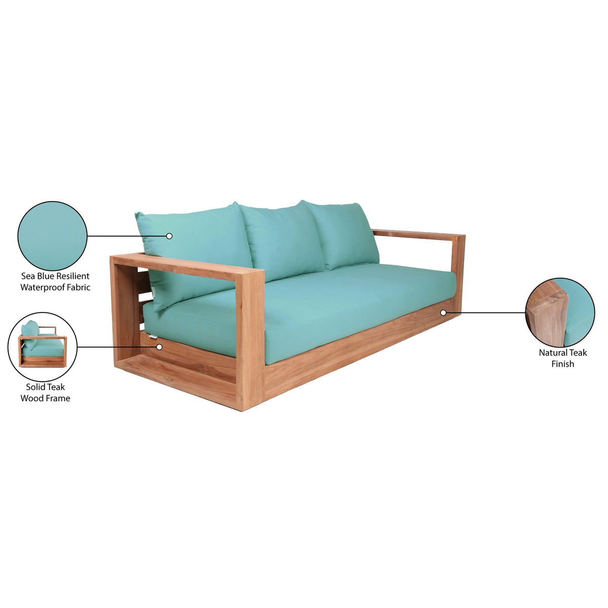 Tulum 87in Blue Water Resistant Fabric Upholstered Outdoor Patio Sofa