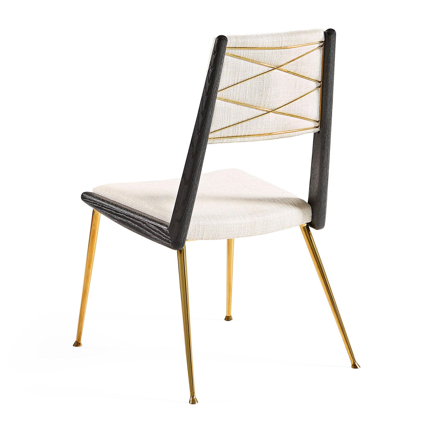Jonathan Adler Side view of the St. Germain dining chair in blackened ash with brass and linen