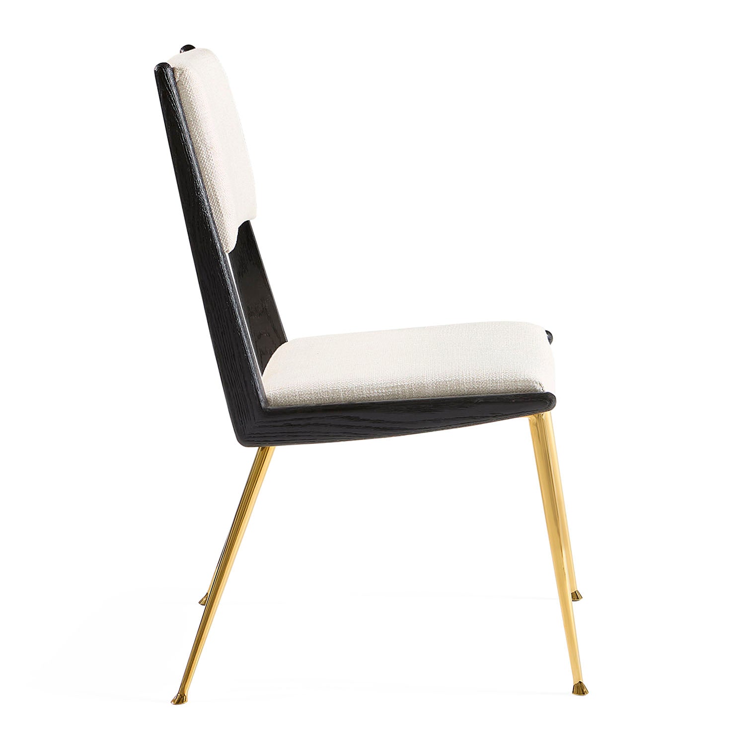 Jonathan Adler The St. Germain dining chair in blackened ash with brass and linen shown to scale