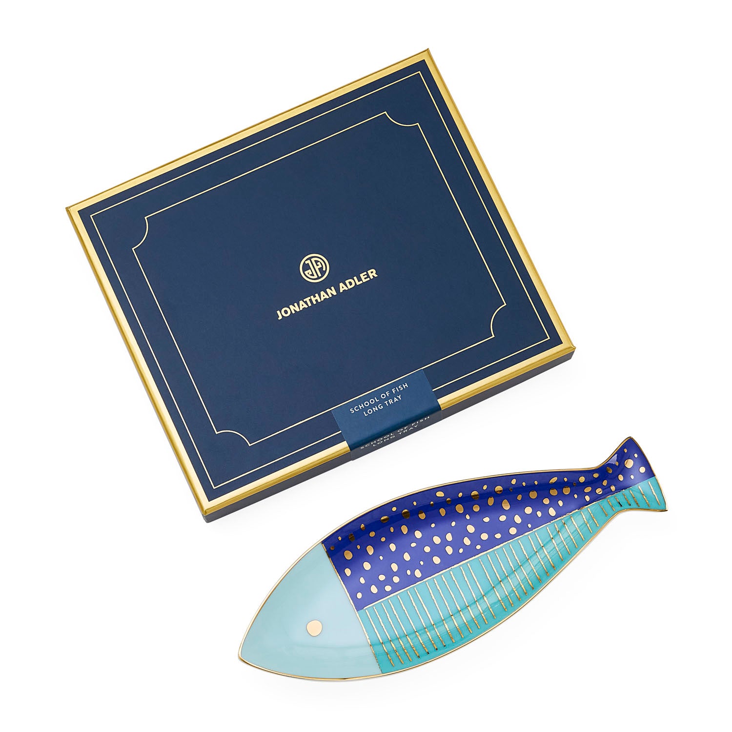 Jonathan Adler The School of Fish long tray in blue and gold porcelain styled in a room