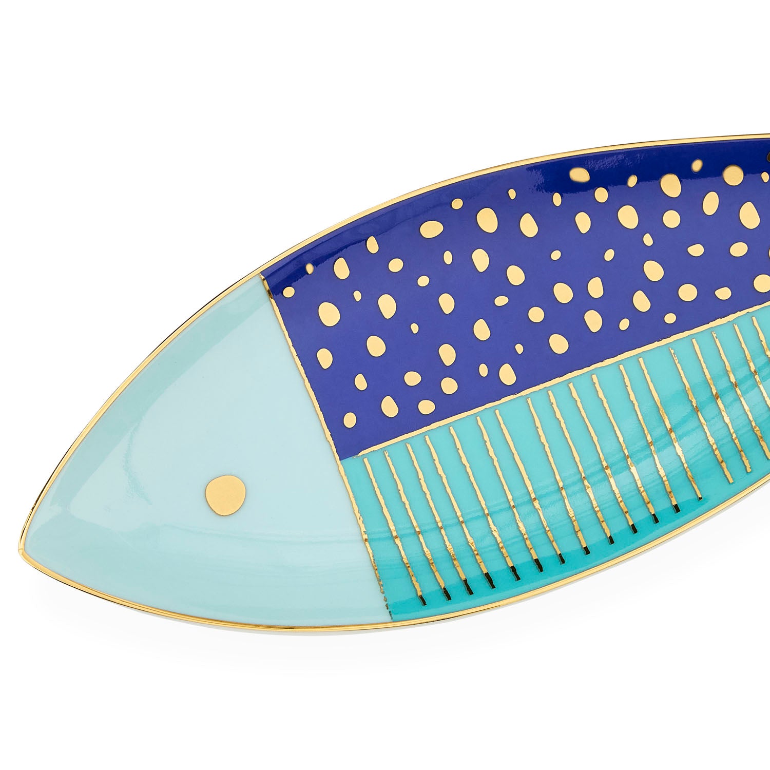 Jonathan Adler Side view of the School of Fish long tray in blue and gold porcelain
