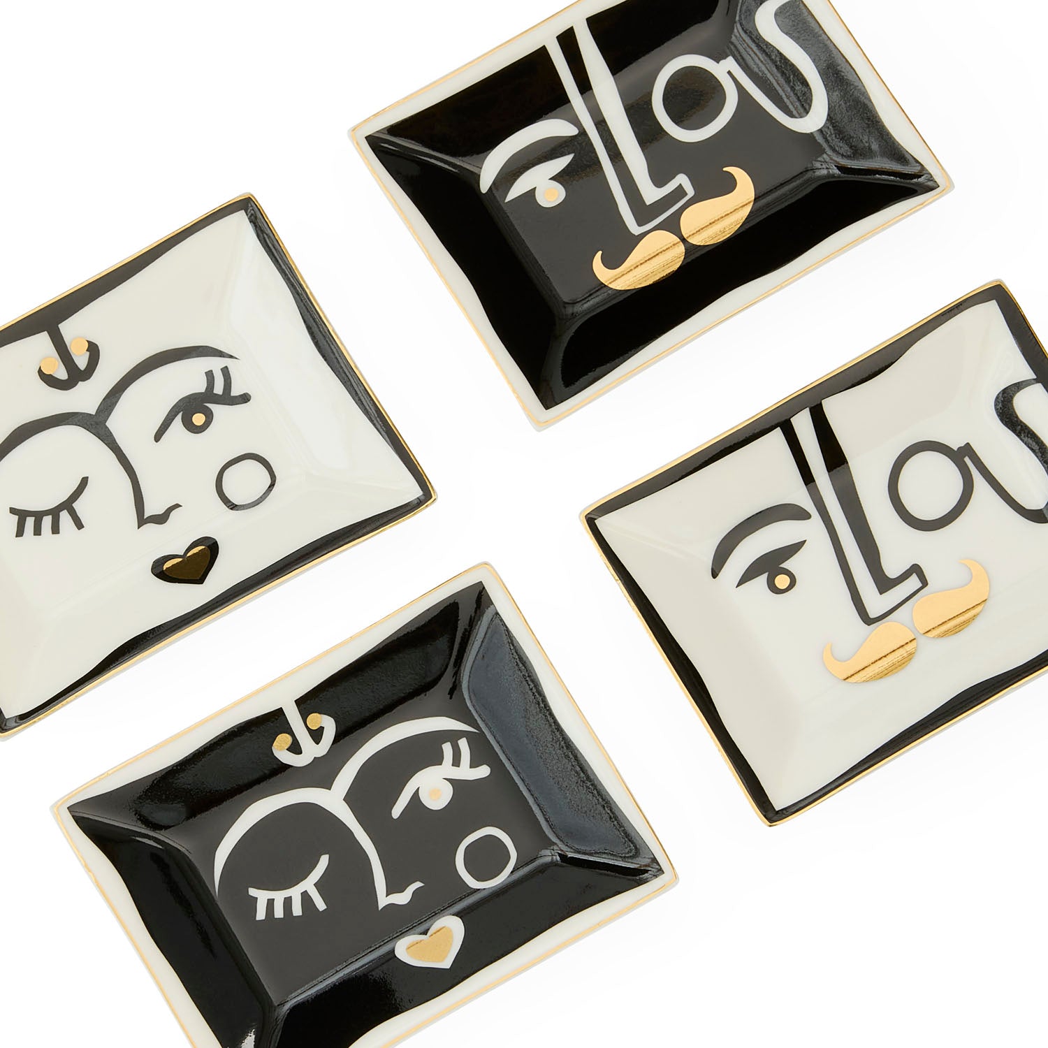 Jonathan Adler Marseilles Petite Trays, detail of black-and-gold face motifs