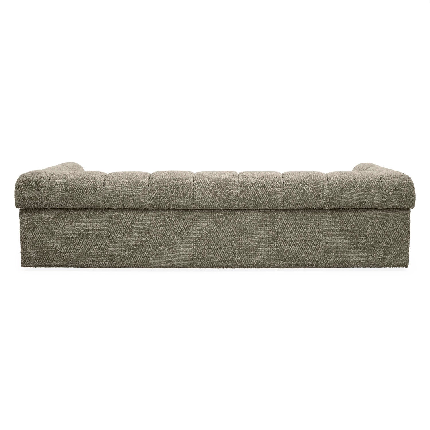 Jonathan Adler The Soho sofa in warm grey boucle with tailored Chesterfield tufting shown to scale