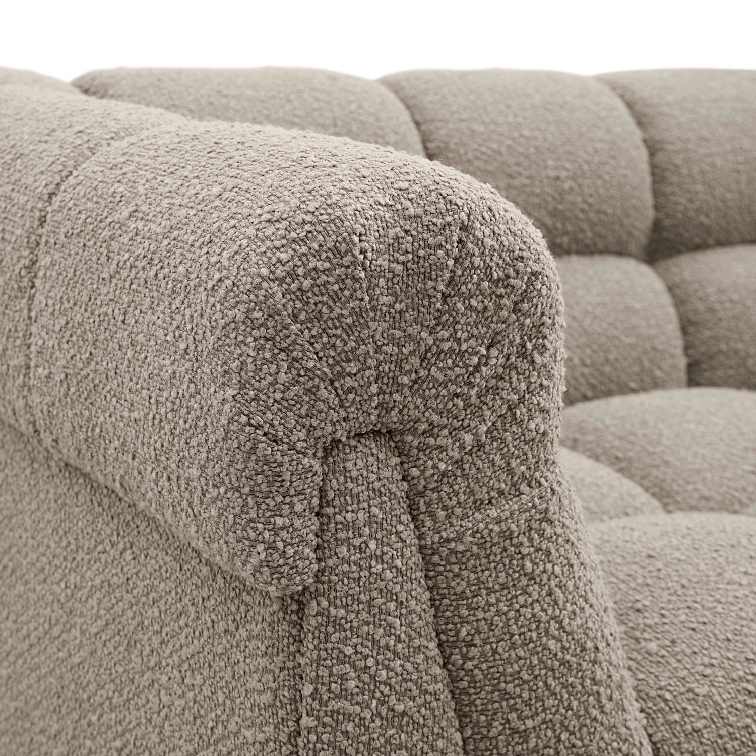 Jonathan Adler Overhead view of the Soho sofa in warm grey boucle with tailored Chesterfield tufting
