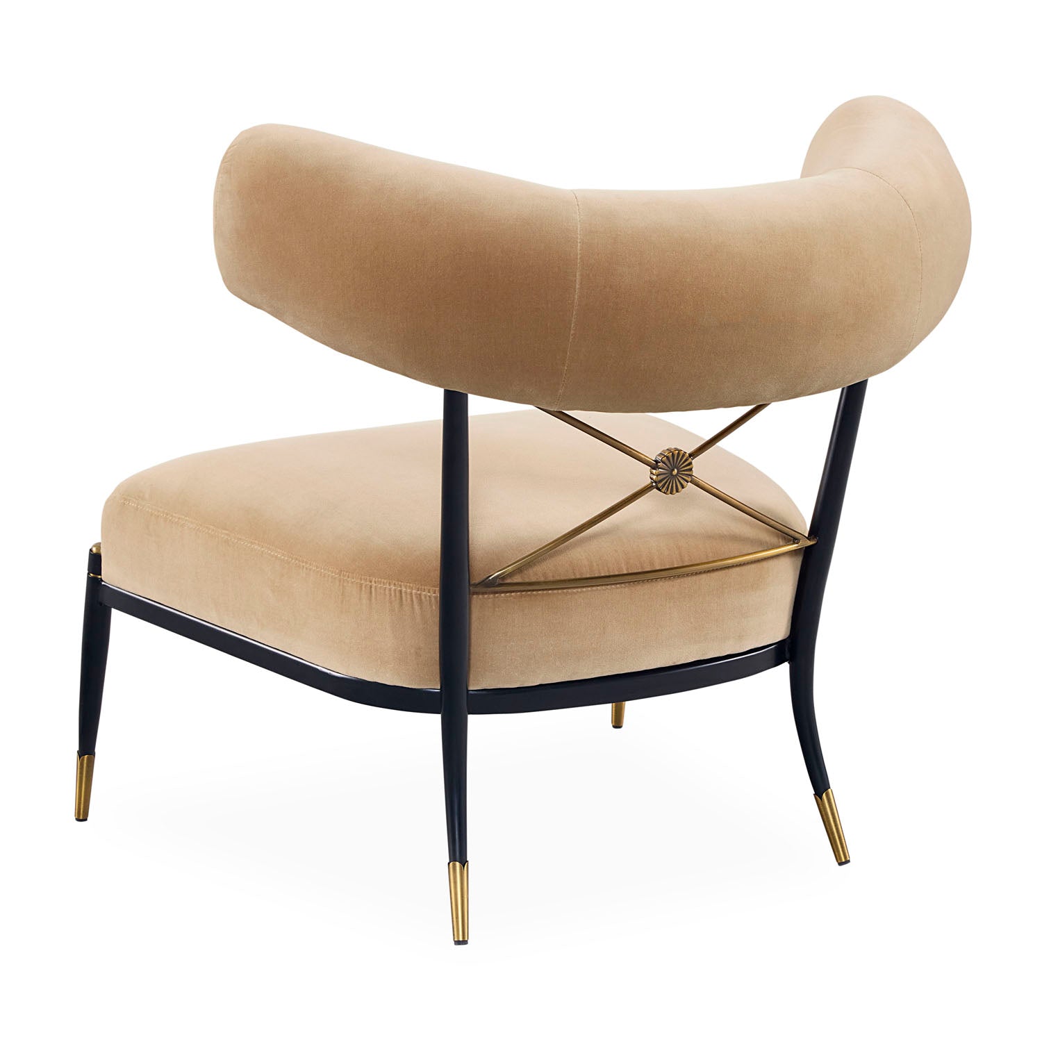 Jonathan Adler The Rider Klismos chair in camel velvet with blackened metal frame styled in a room