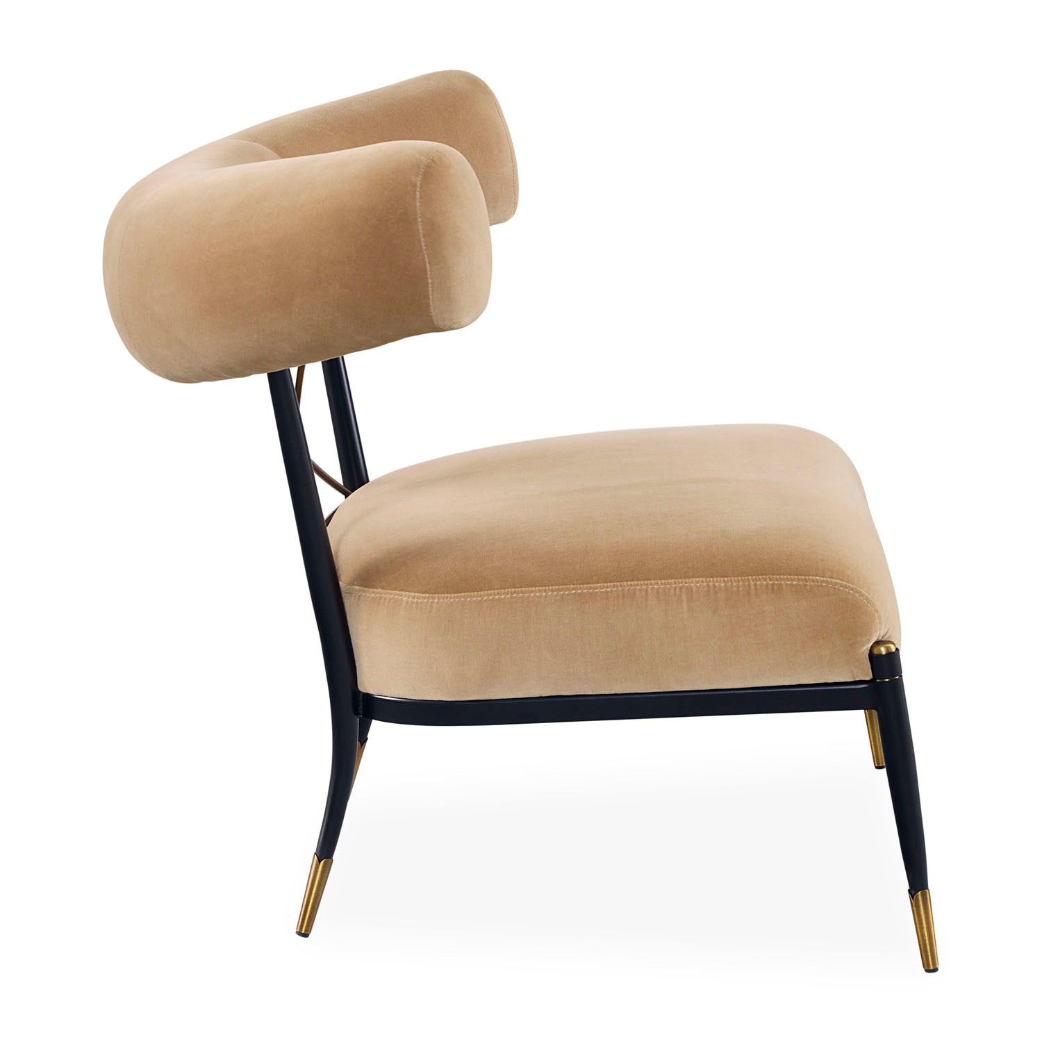 Jonathan Adler Side view of the Rider Klismos chair in camel velvet with blackened metal frame