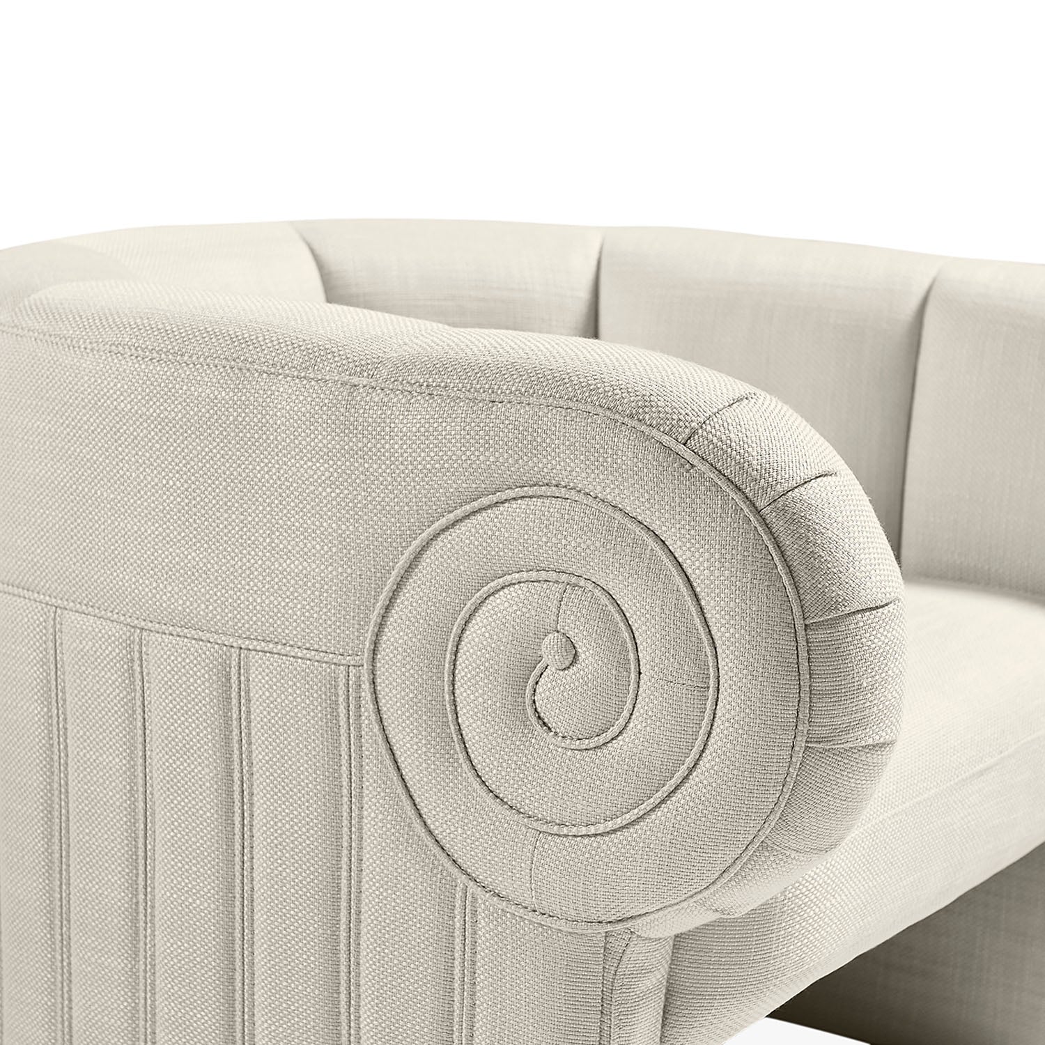 Side profile of Jonathan Adler Acropolis Club Chair in Lucerne Silver linen upholstery