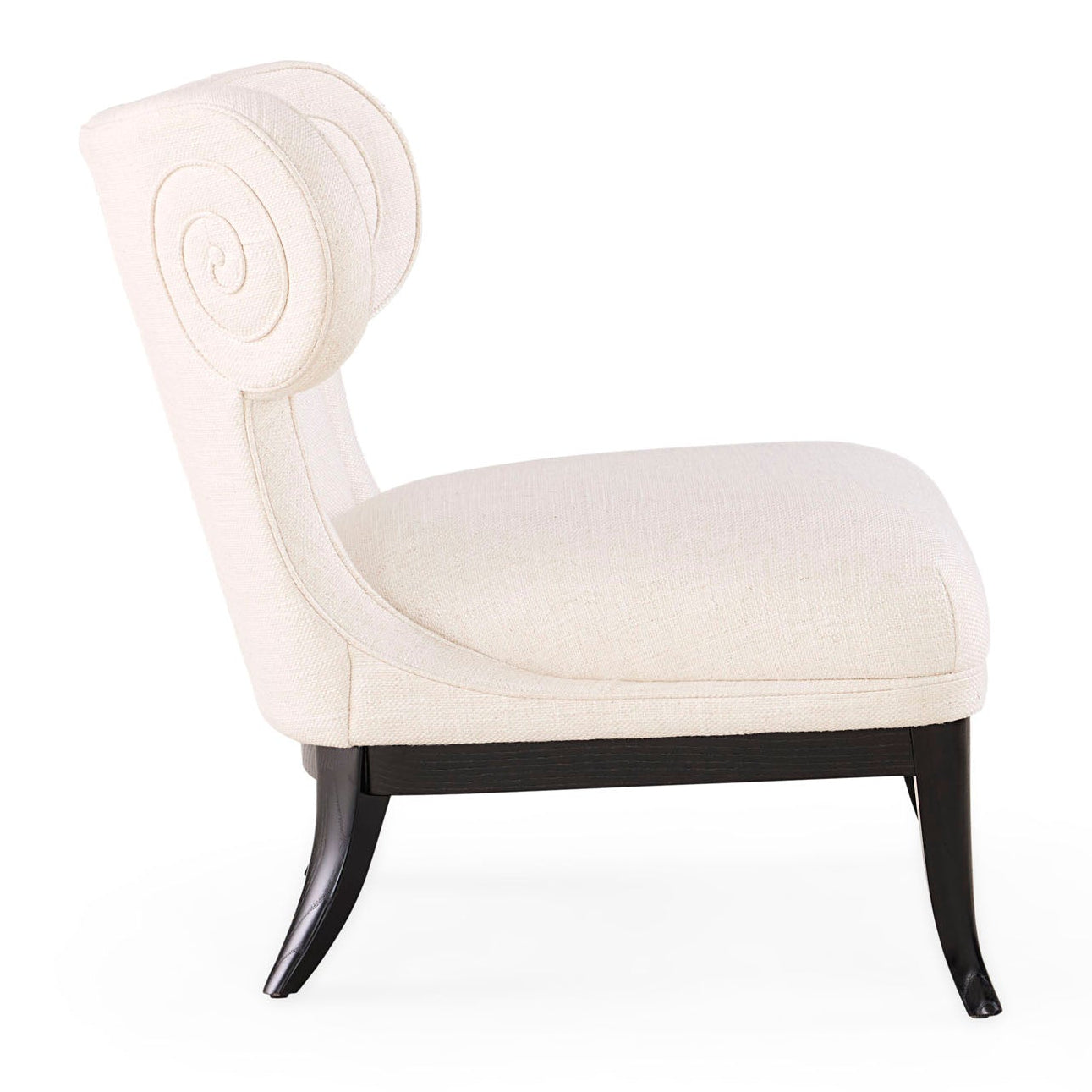 Jonathan Adler Acropolis Klismos Chair in Lucerne Oyster linen on ebonized ash legs styled in a room