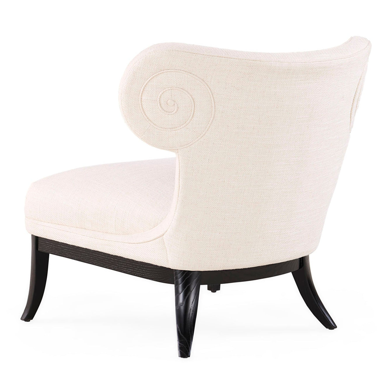 Side profile of Jonathan Adler Acropolis Klismos Chair in Lucerne Oyster linen on ebonized ash legs
