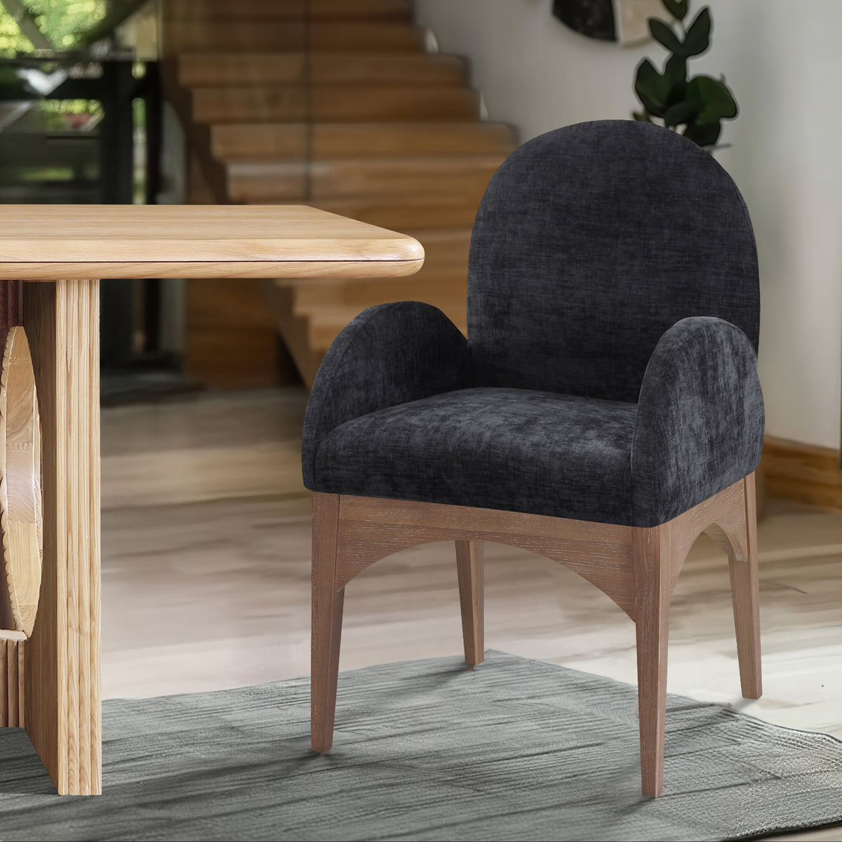 Waldorf Black Chenille Fabric Upholstered Dining Arm Chair Set of 2