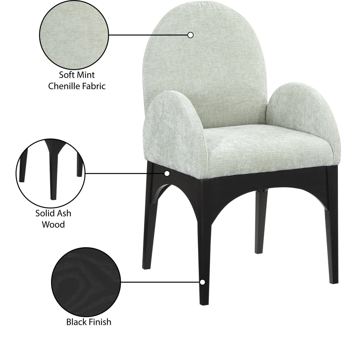 Waldorf Mint Chenille Fabric Upholstered Dining Arm Chair Set of 2