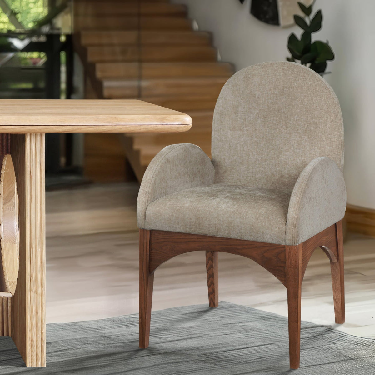 Waldorf Beige Chenille Fabric Upholstered Dining Arm Chair Set of 2
