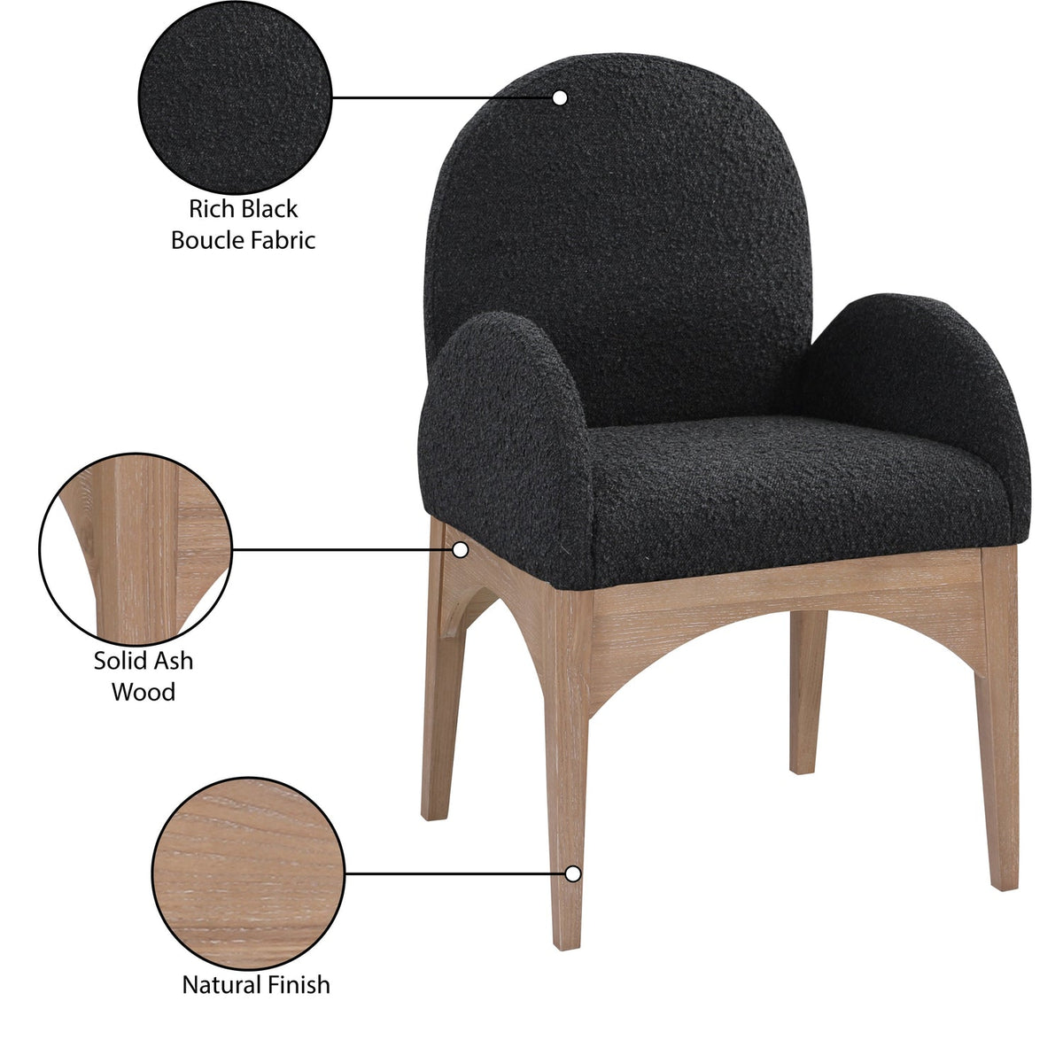 Waldorf Black Boucle Fabric Upholstered Dining Arm Chair Set of 2