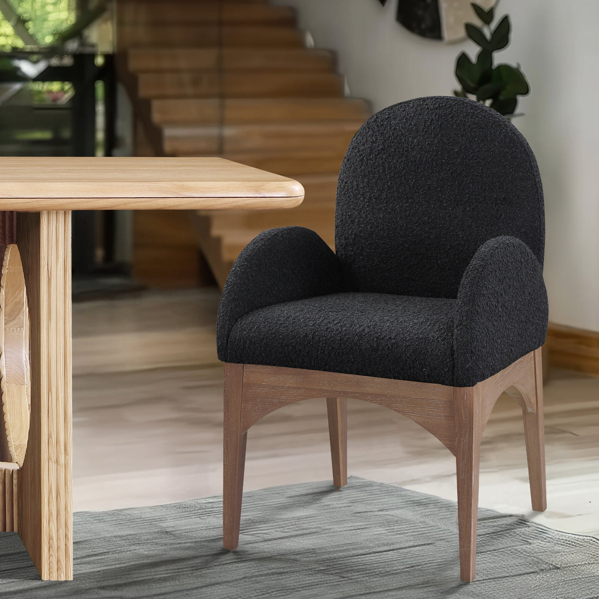 Waldorf Black Boucle Fabric Upholstered Dining Arm Chair Set of 2