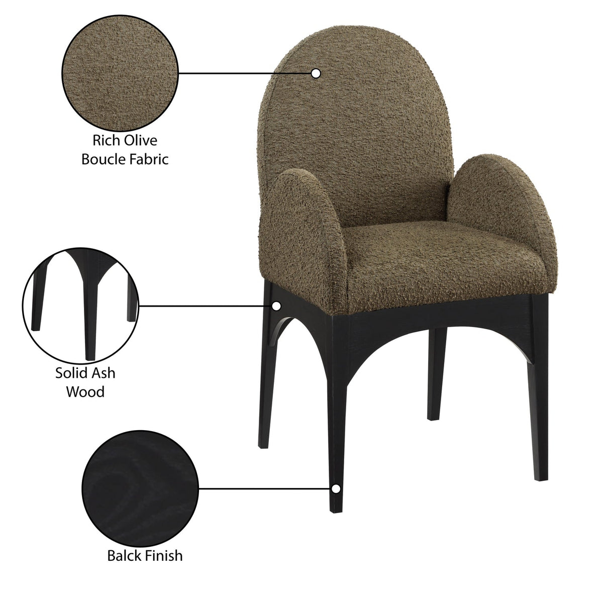 Waldorf Olive Boucle Fabric Upholstered Dining Arm Chair Set of 2