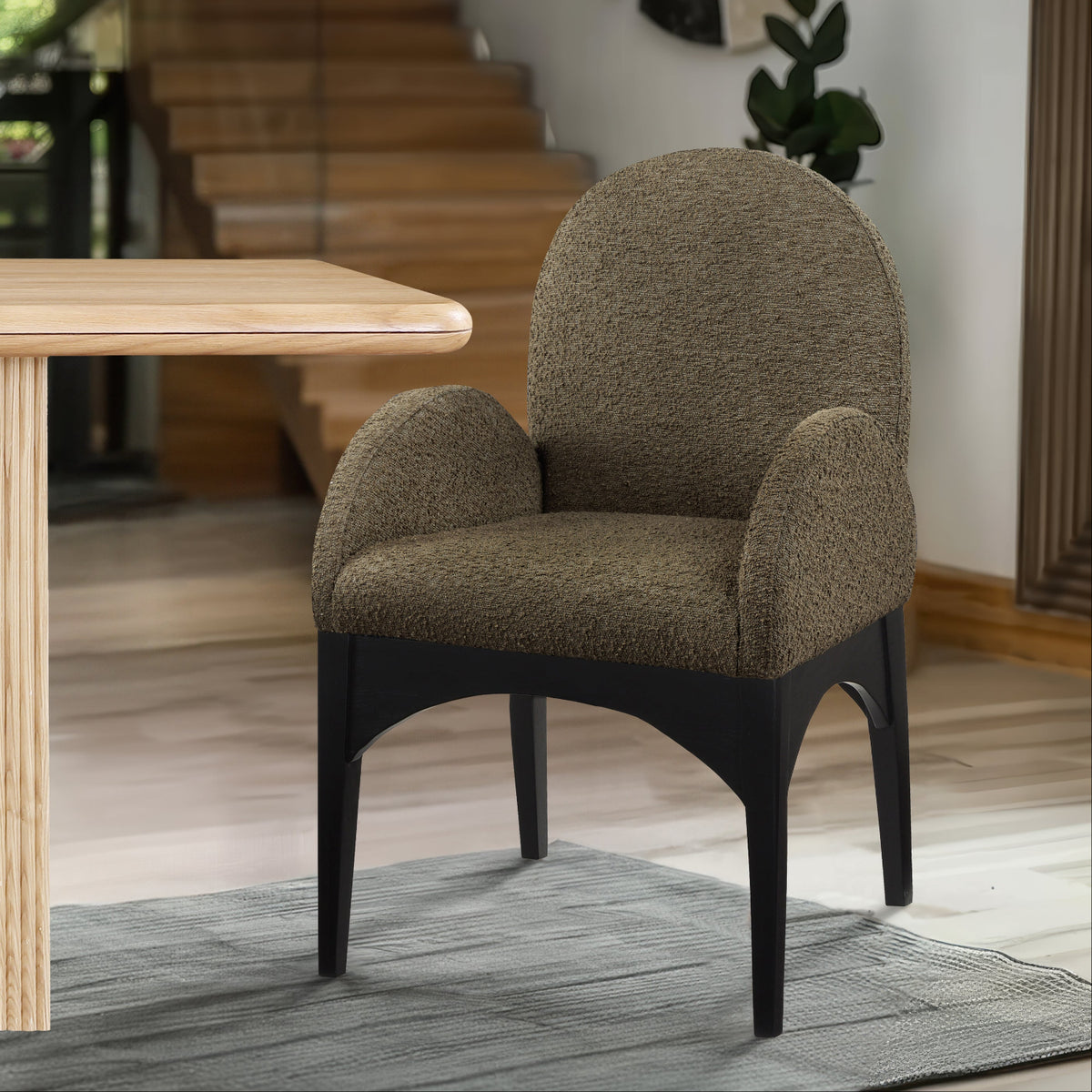 Waldorf Olive Boucle Fabric Upholstered Dining Arm Chair Set of 2