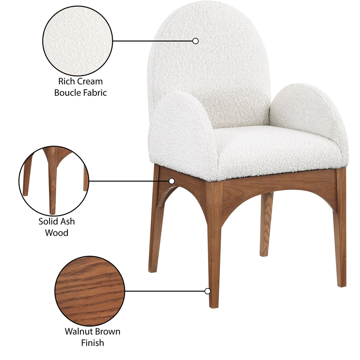 Waldorf Cream Boucle Fabric Upholstered Dining Arm Chair Set of 2