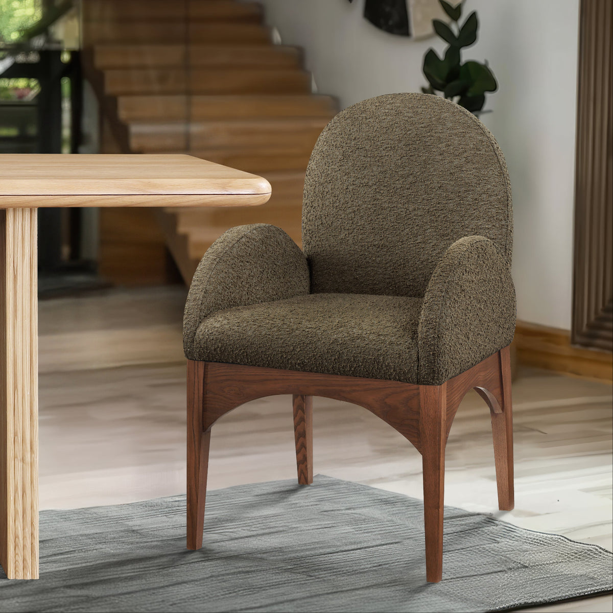 Waldorf Olive Boucle Fabric Upholstered Dining Arm Chair Set of 2